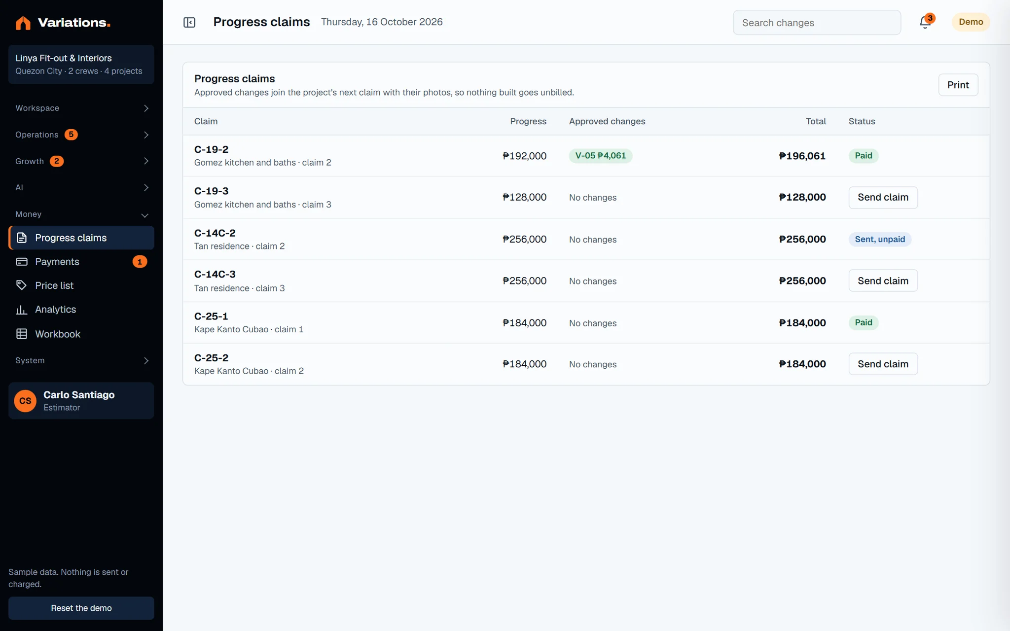 The progress claims screen of the fit-out demo desk.