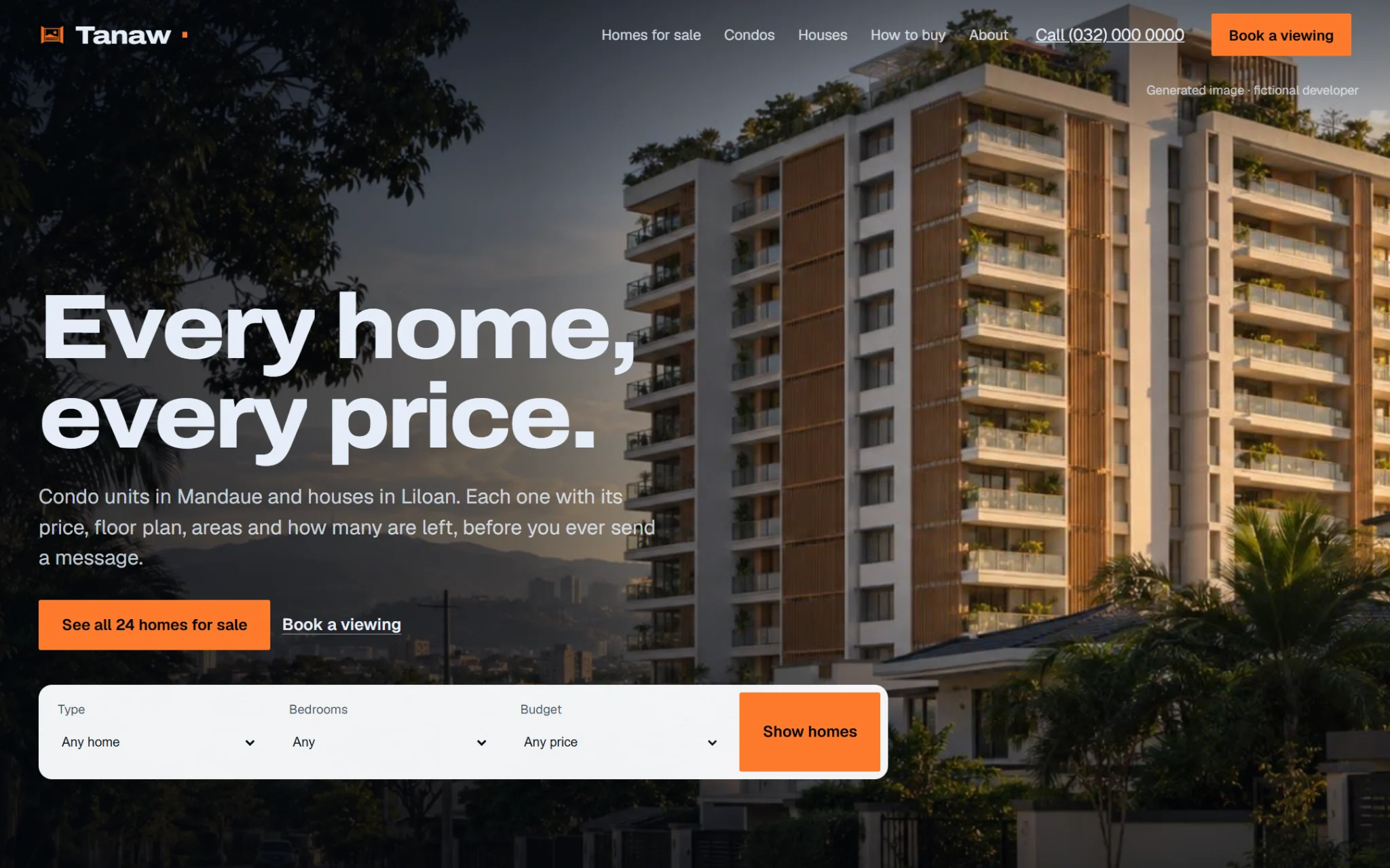 Tanaw Land home page on desktop: "Every home, every price." over a generated photo of a 15-storey condo tower in Mandaue at golden hour, with the search bar for type, bedrooms and budget below.
