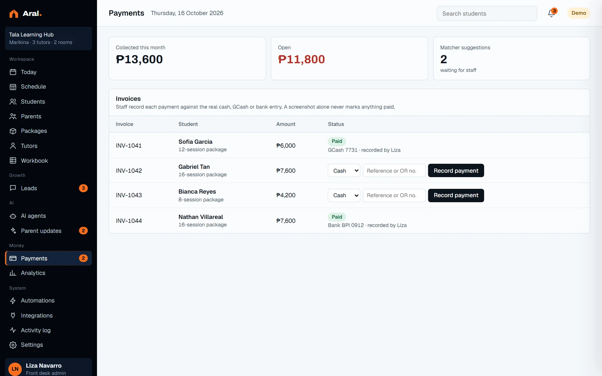 Aral demo dashboard: payments recorded with references.