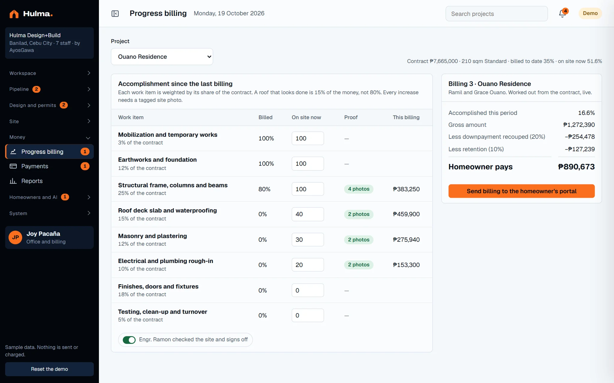 Back office progress billing screen with the accomplishment table.