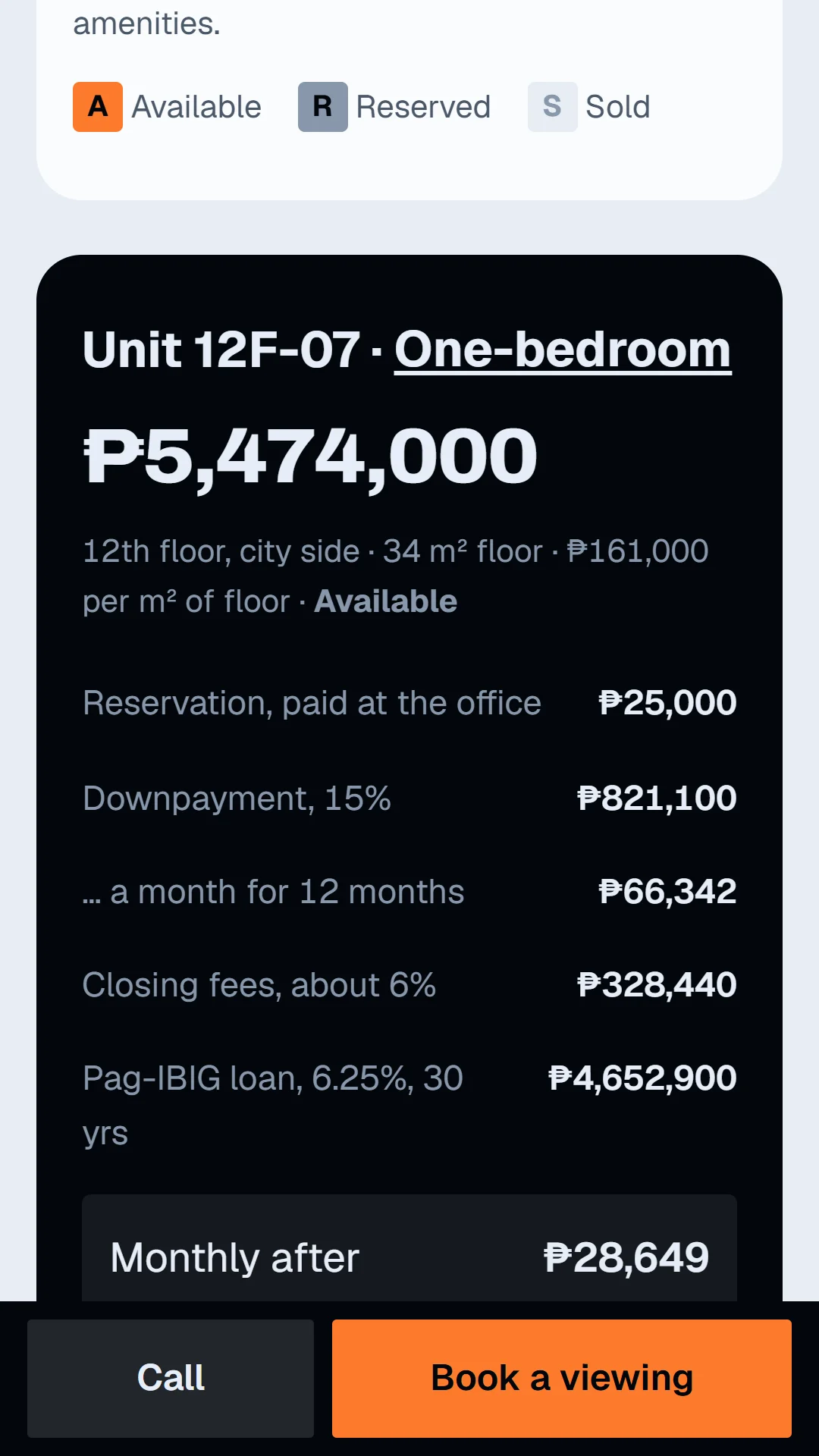 Story slide: Unit 12F-07, a one-bedroom at ₱5,474,000, with its sample computation down to the monthly Pag-IBIG payment.