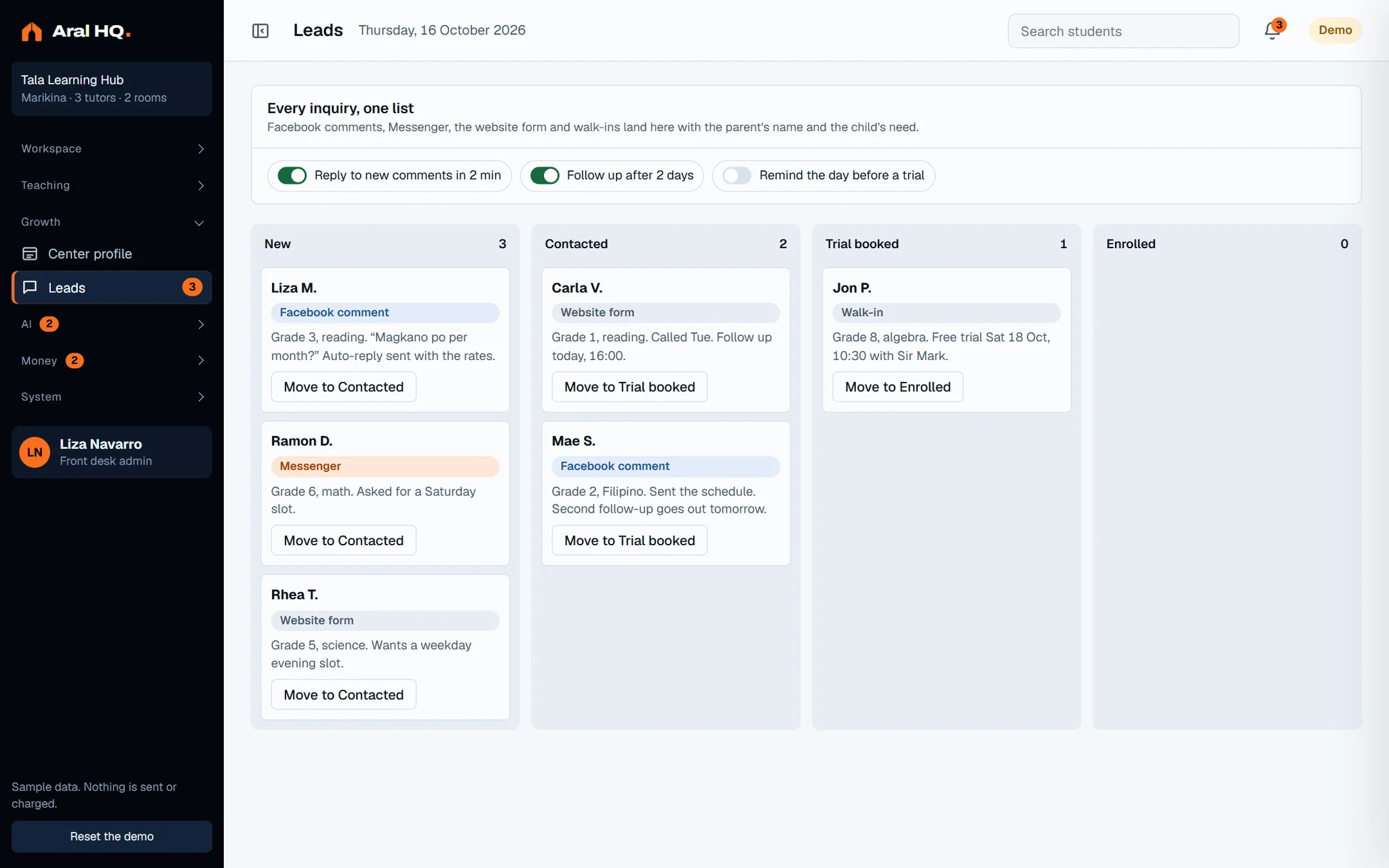 Leads screen of the dashboard