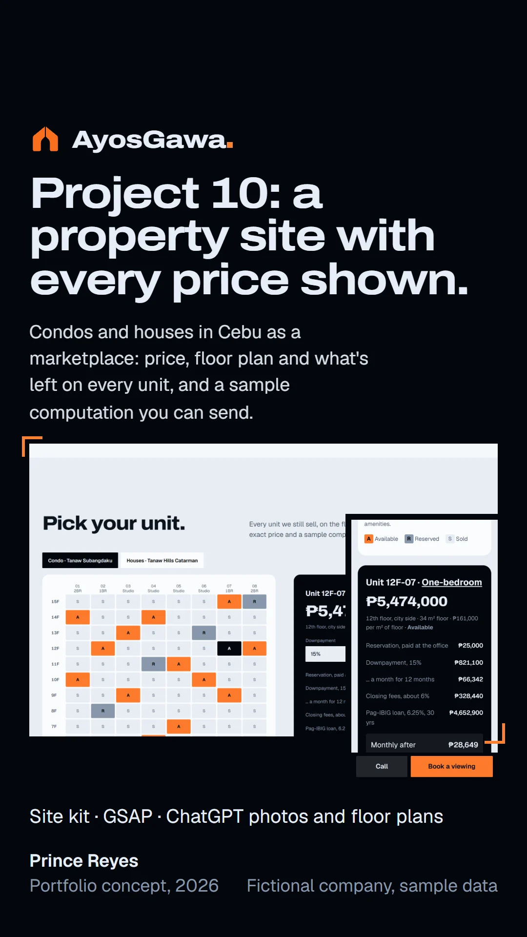 Story slide: Tanaw Land cover, the stacking plan on desktop beside a unit's sample computation on a phone.