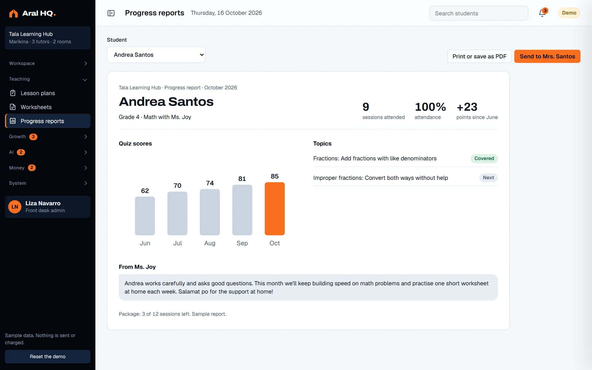 Progress reports screen of the dashboard