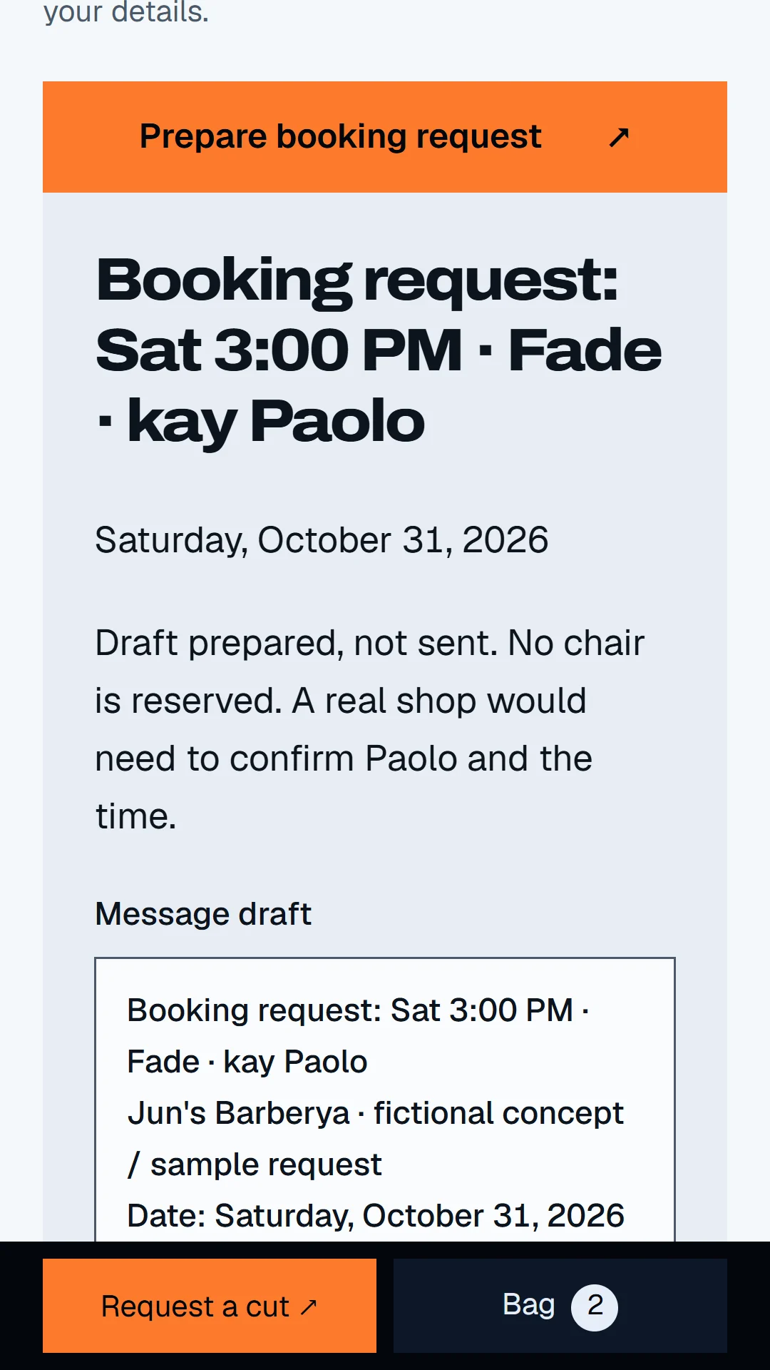 Phone: booking request Sat 3:00 PM, Fade, kay Paolo, no chair reserved