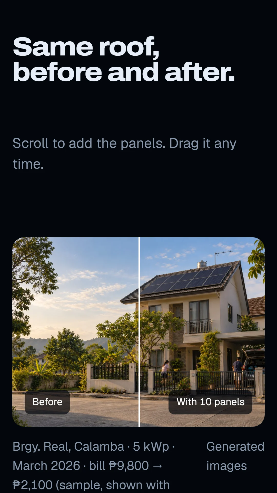 Story slide: a roof wipe from bare tiles to ten panels.