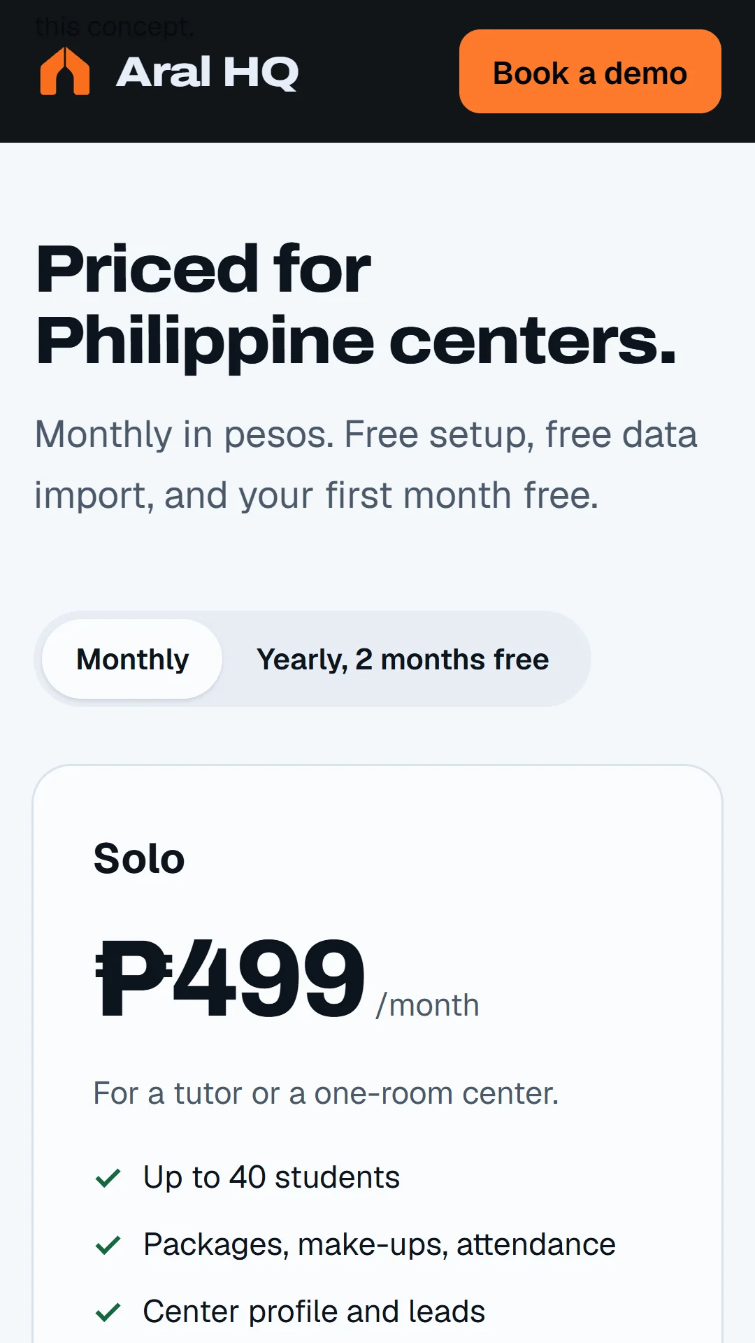 Peso pricing with a monthly and yearly toggle