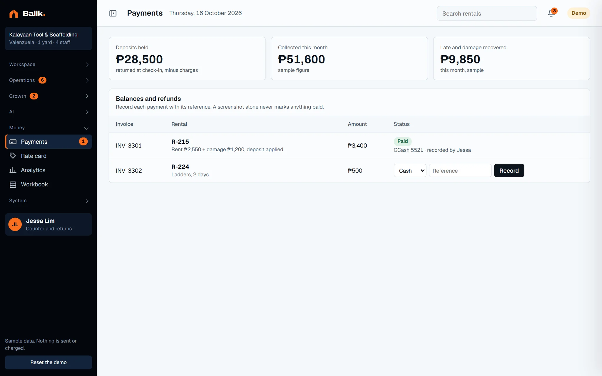 Payments screen of the dashboard
