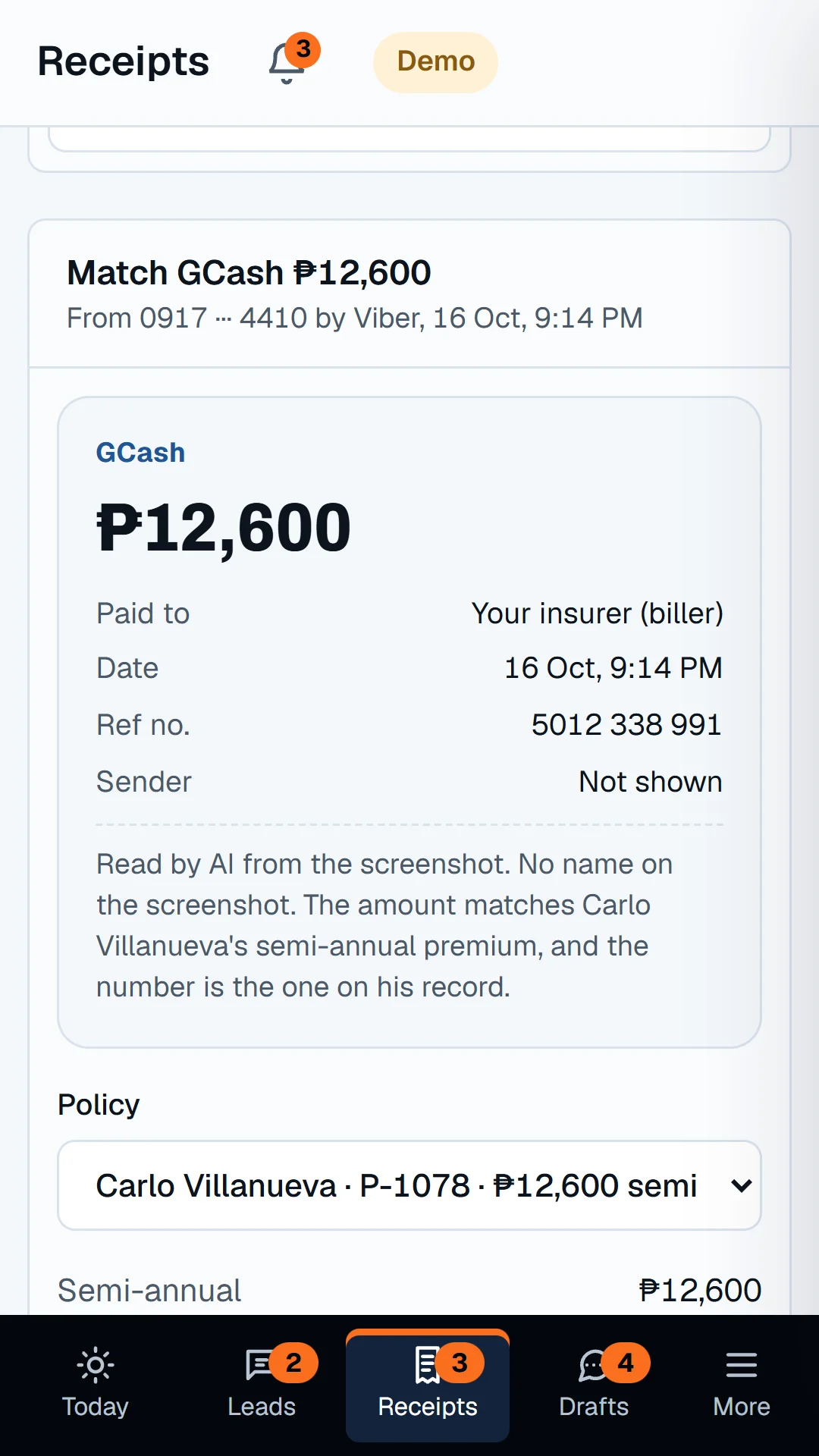 Story slide: receipt matching screen with the locked confirm button.