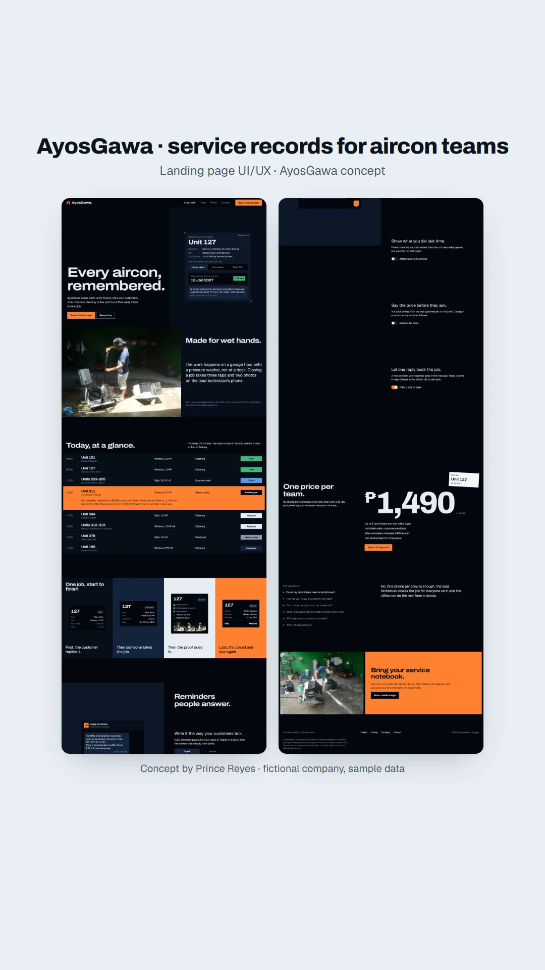 AyosGawa aircon home page as a vertical story.