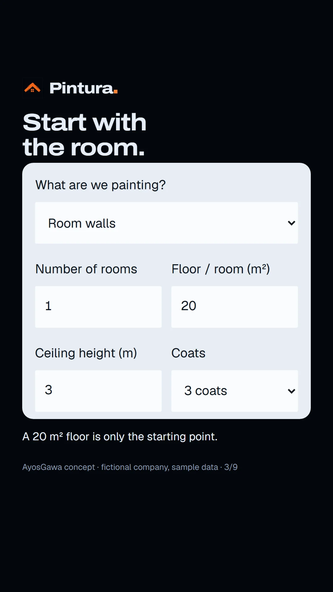 Story slide: measuring one room in the estimator, 20 m² of floor and three coats.