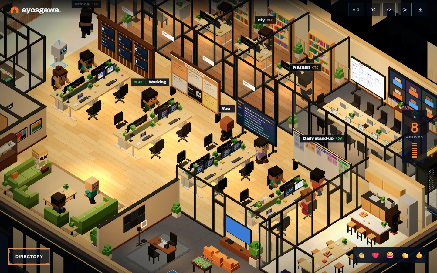 Floor 8 from above: desks, team boards, the lounge and the meeting room, with a live desk labelled Claude Working.