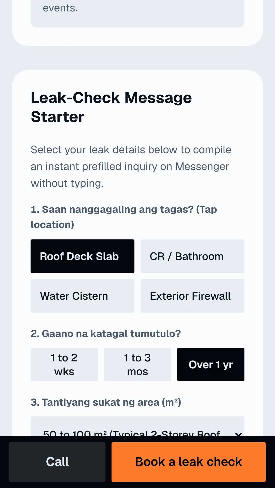 Story slide: the leak-check starter building a Messenger message from three taps.