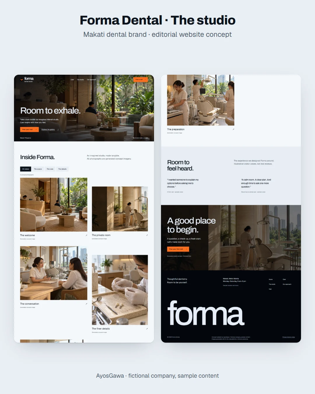 Forma Dental studio gallery page and concept interior imagery