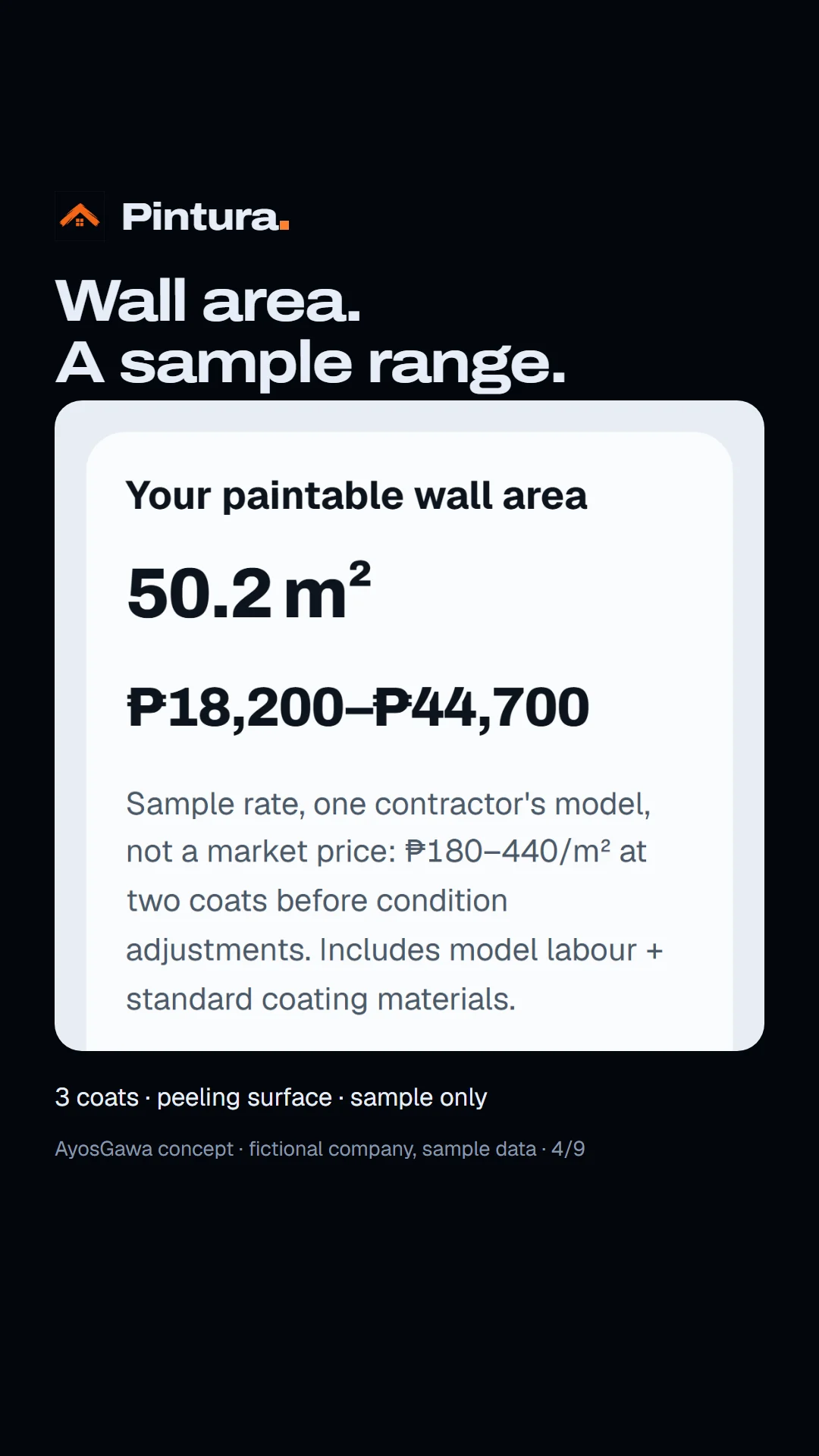 Story slide: the estimate, about 50 m² of wall with a sample price range for peeling paint.