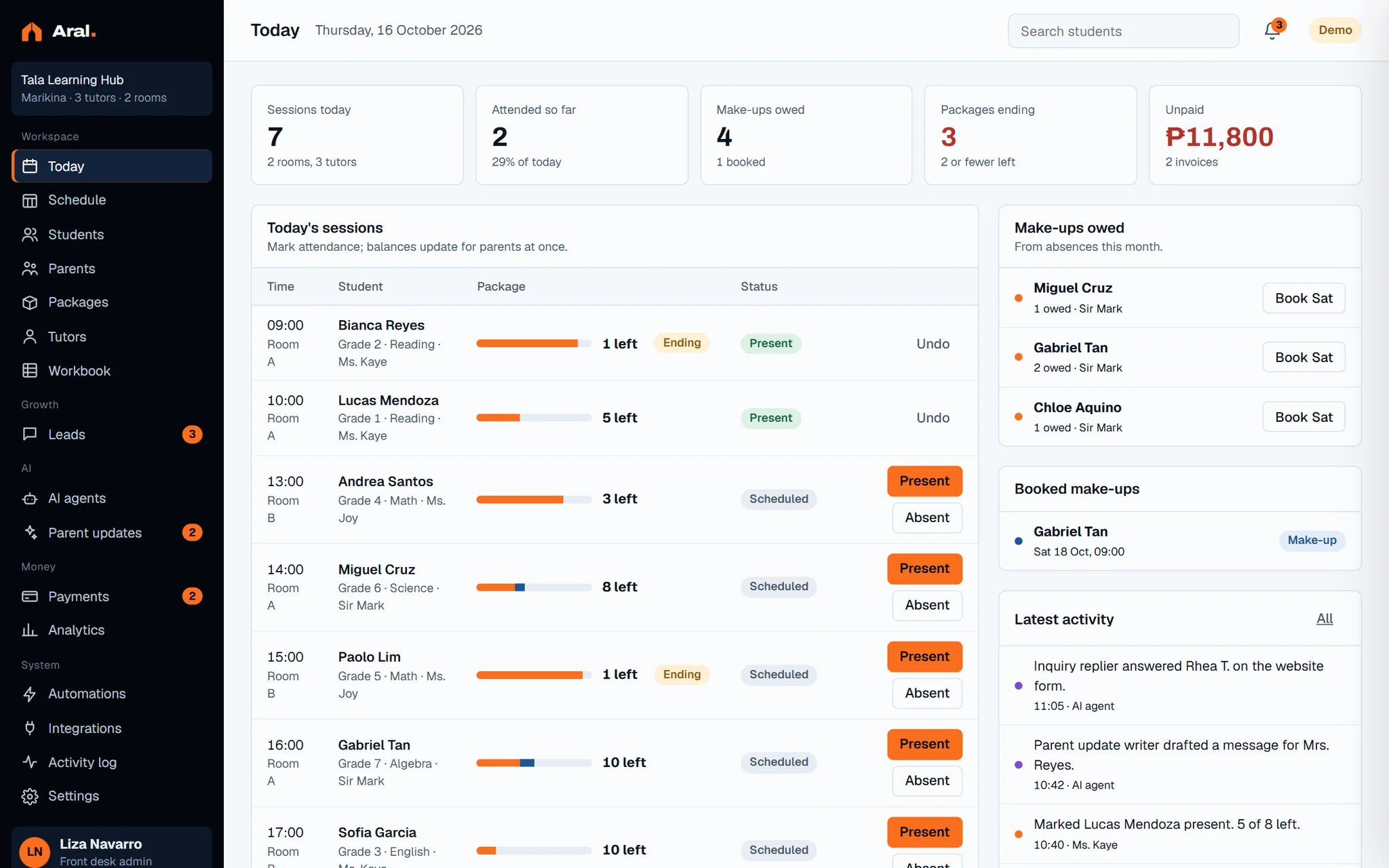 Aral demo dashboard: the Today screen with attendance.