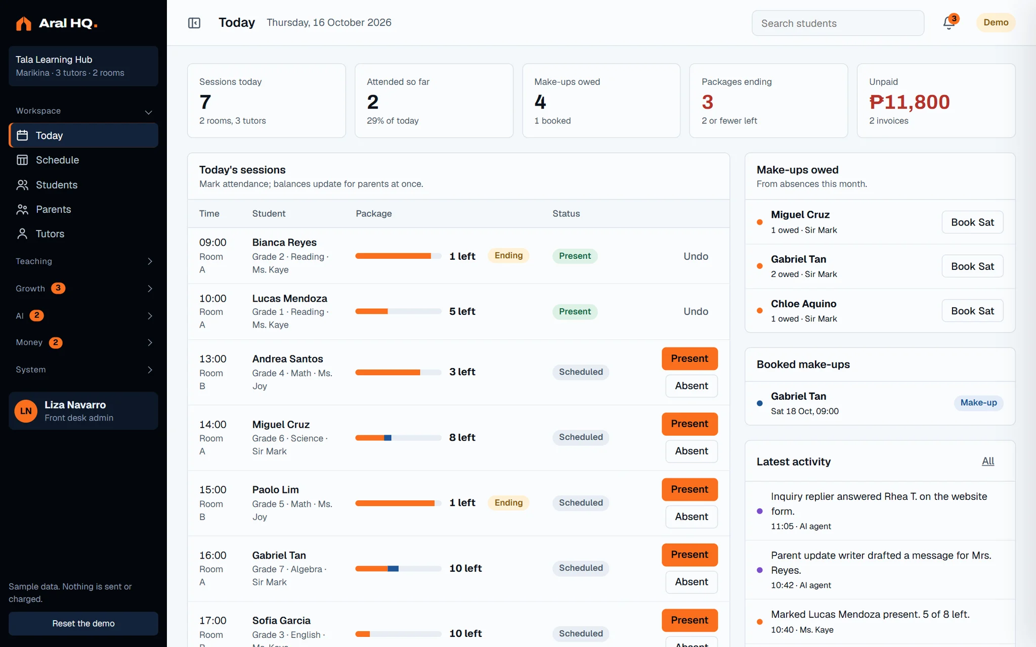 Today screen of the dashboard