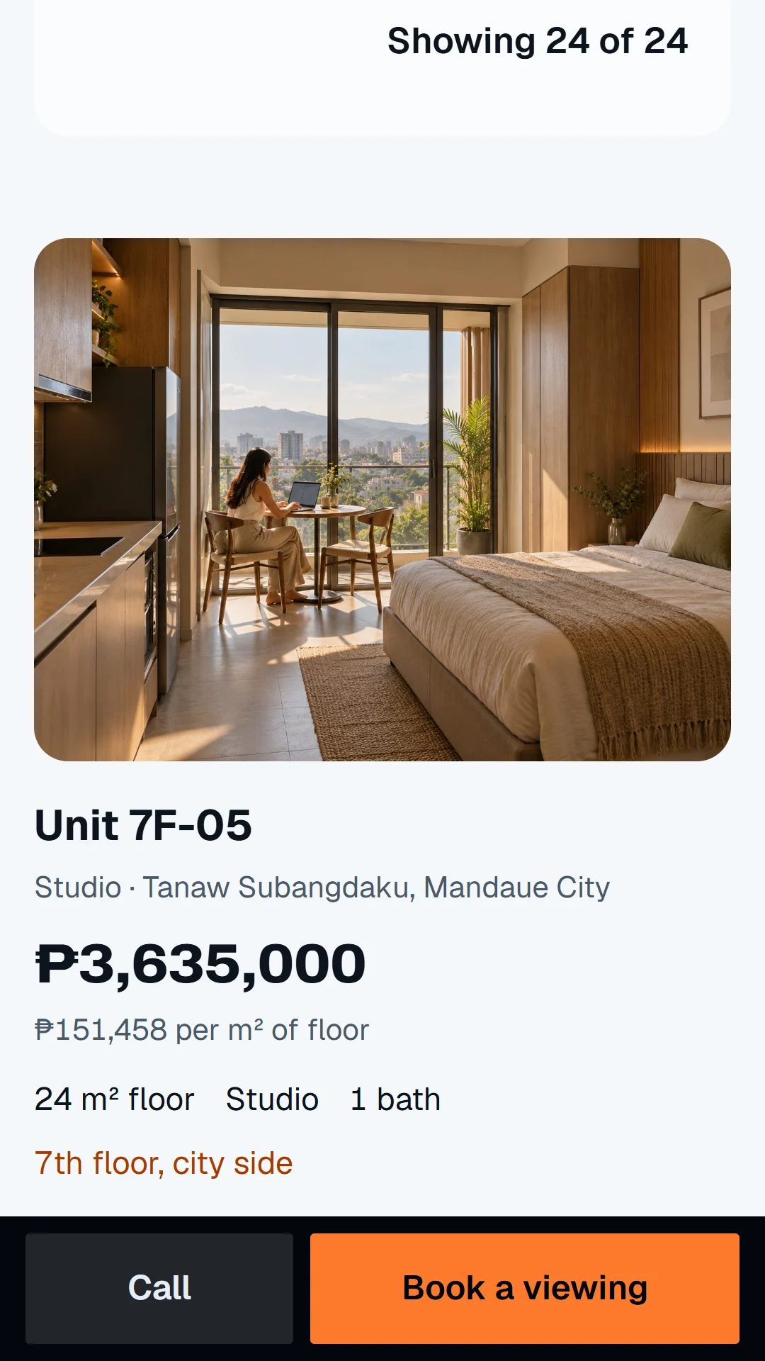 Story slide: homes for sale as cards with photo, price, price per m² and specs.