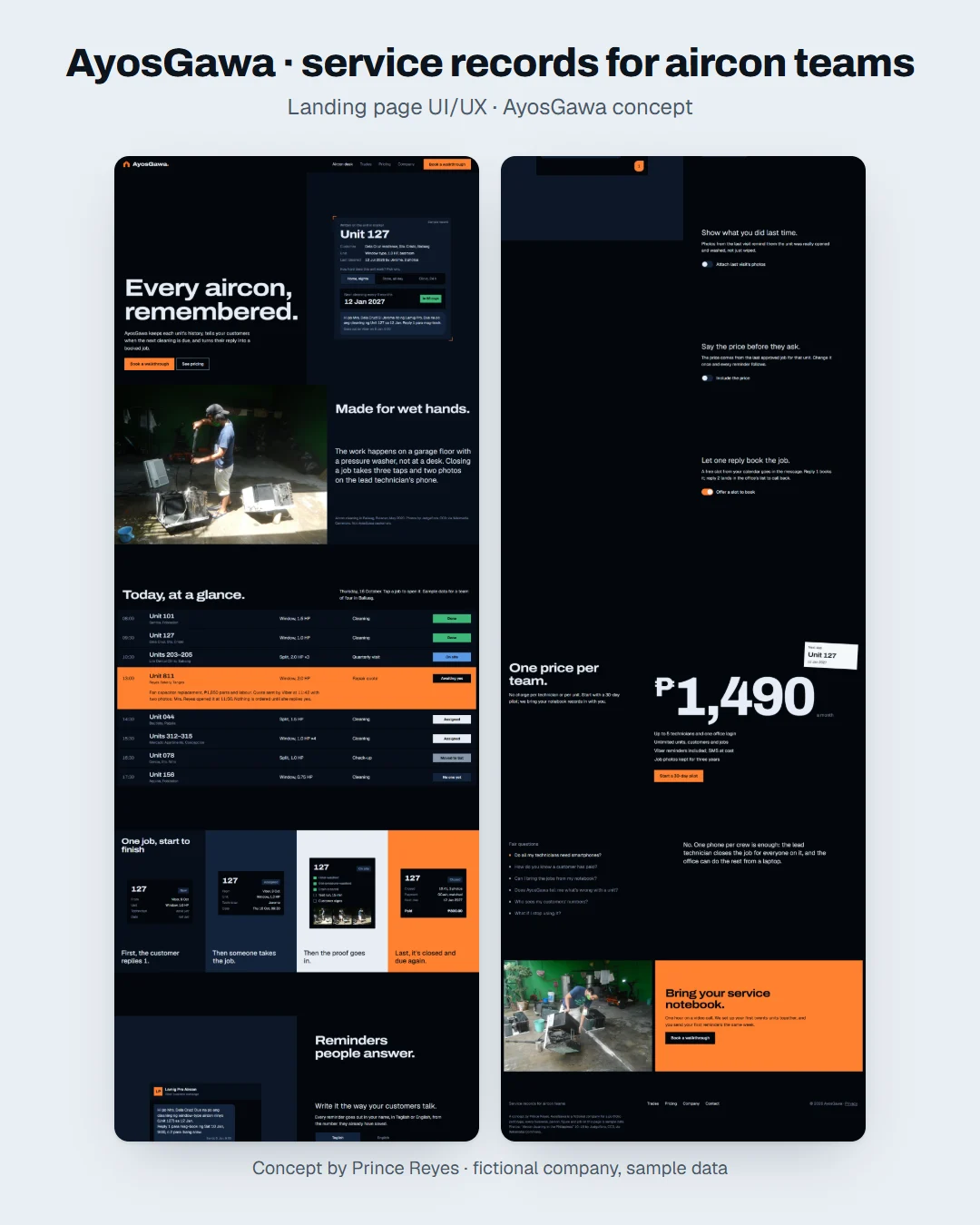 AyosGawa aircon home page as a Facebook post: the whole landing page in columns.