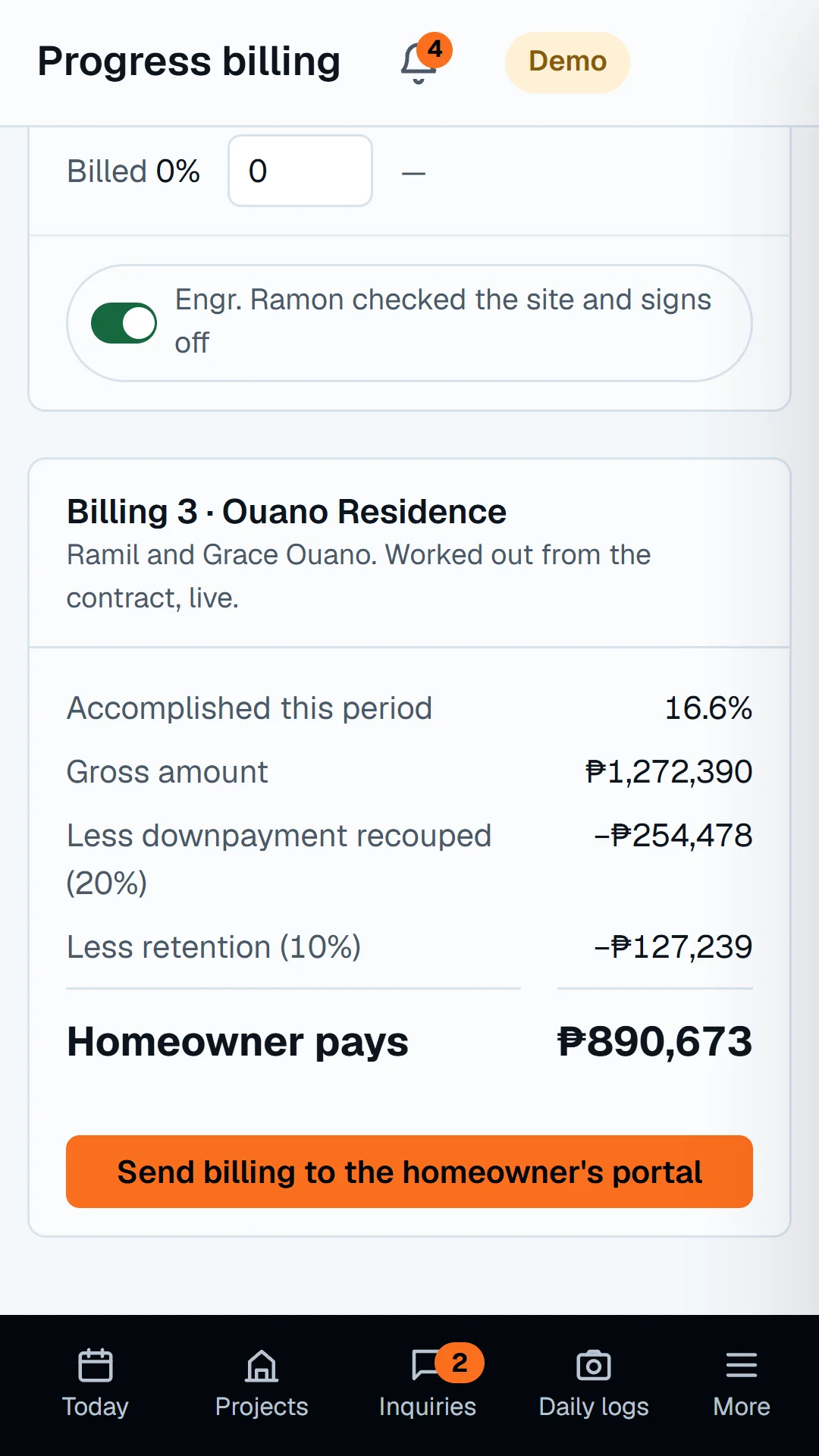 Story slide: back office progress billing, with Send locked until photos are tagged.