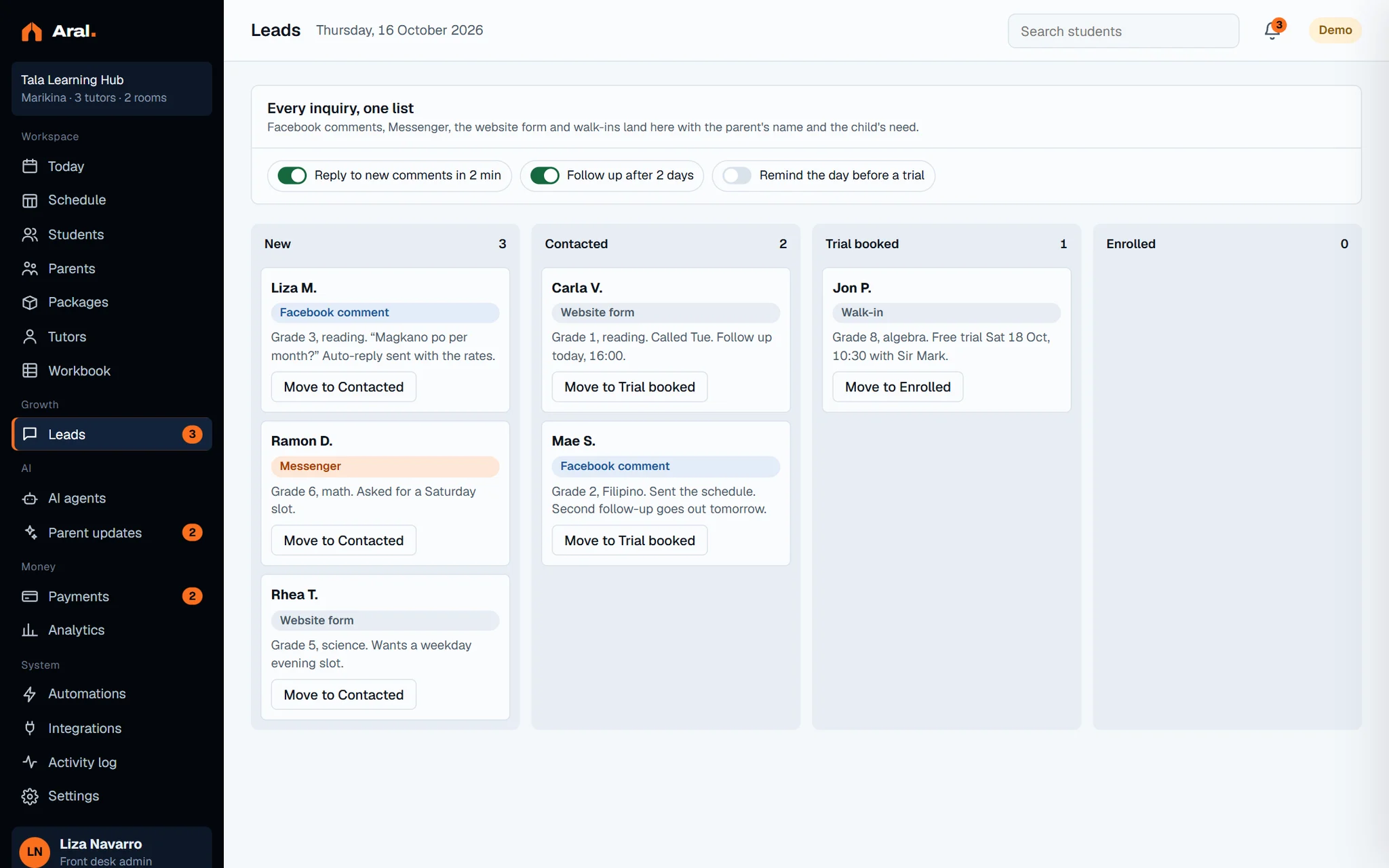 Aral demo dashboard: the lead list from every channel.