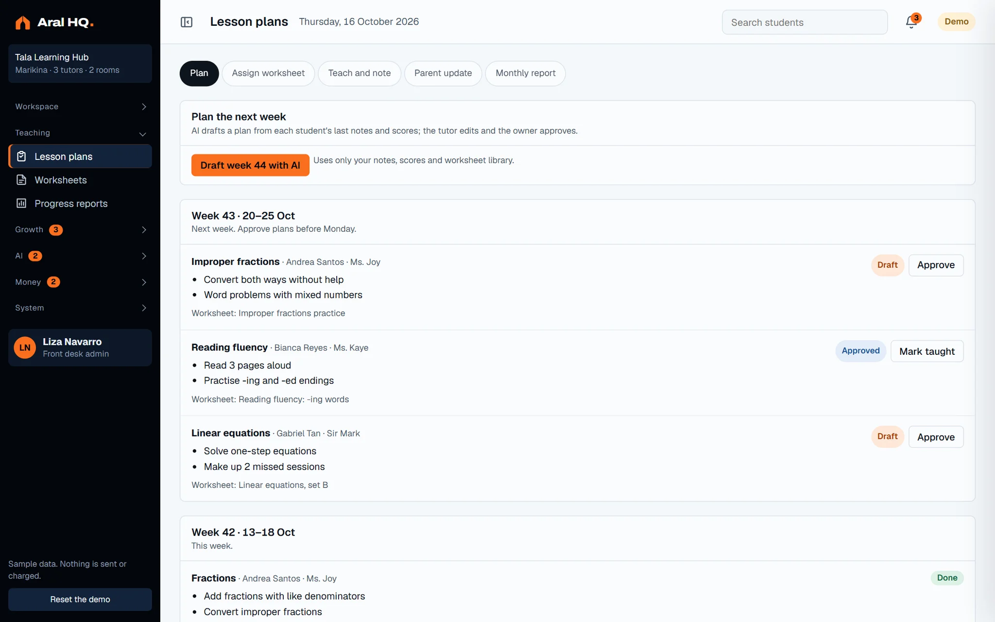 Lesson plans screen of the dashboard
