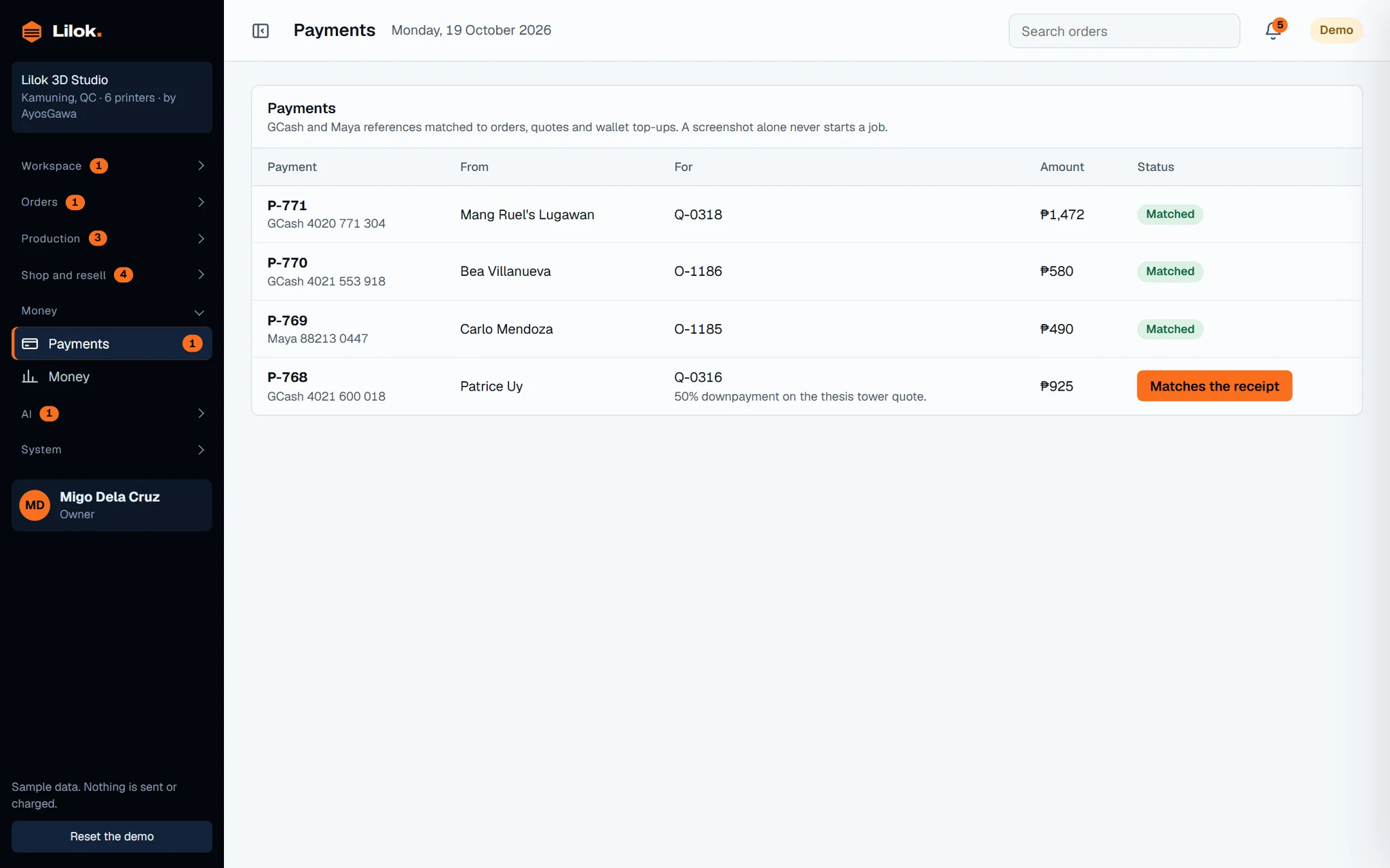 Lilok back office: payments matched to references.
