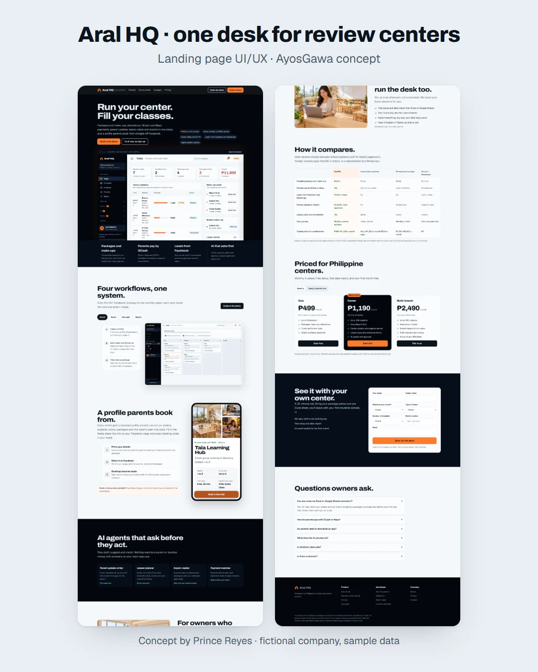 Aral HQ home page as a Facebook post: the whole landing page in columns.