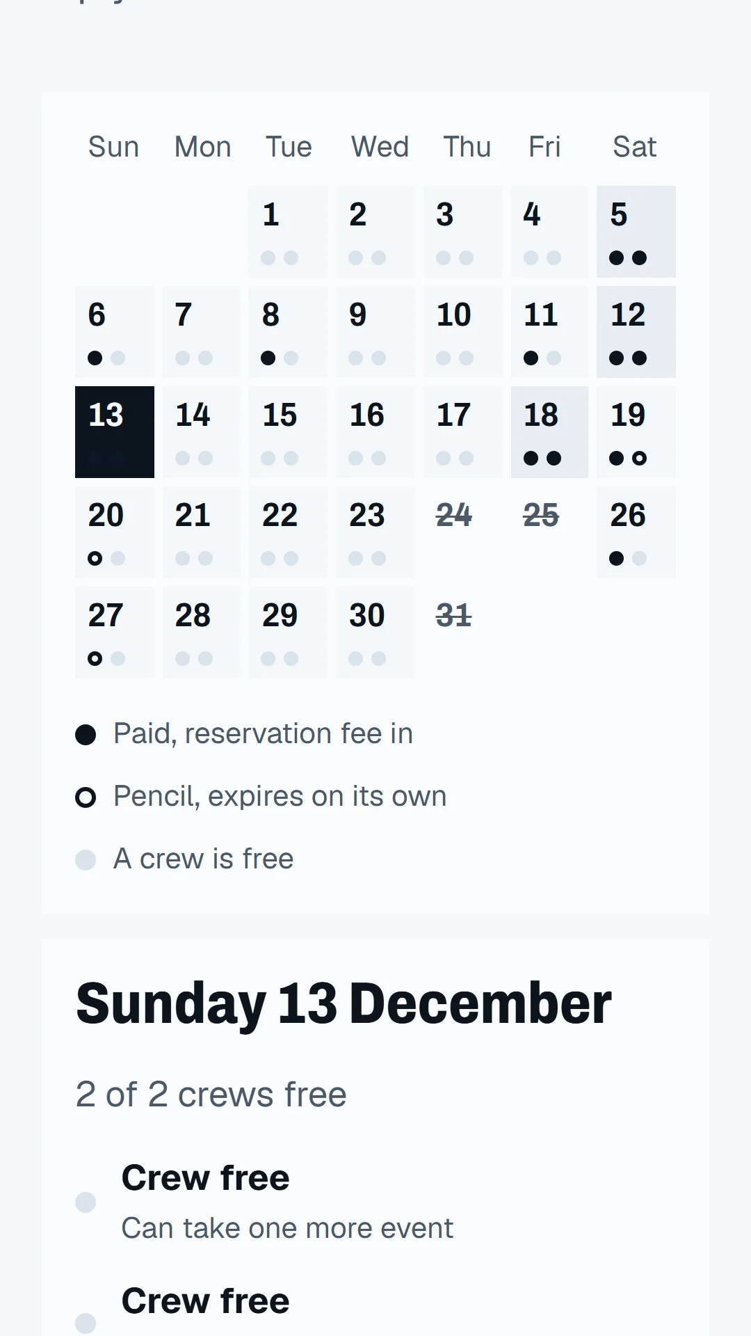 December calendar with crew availability
