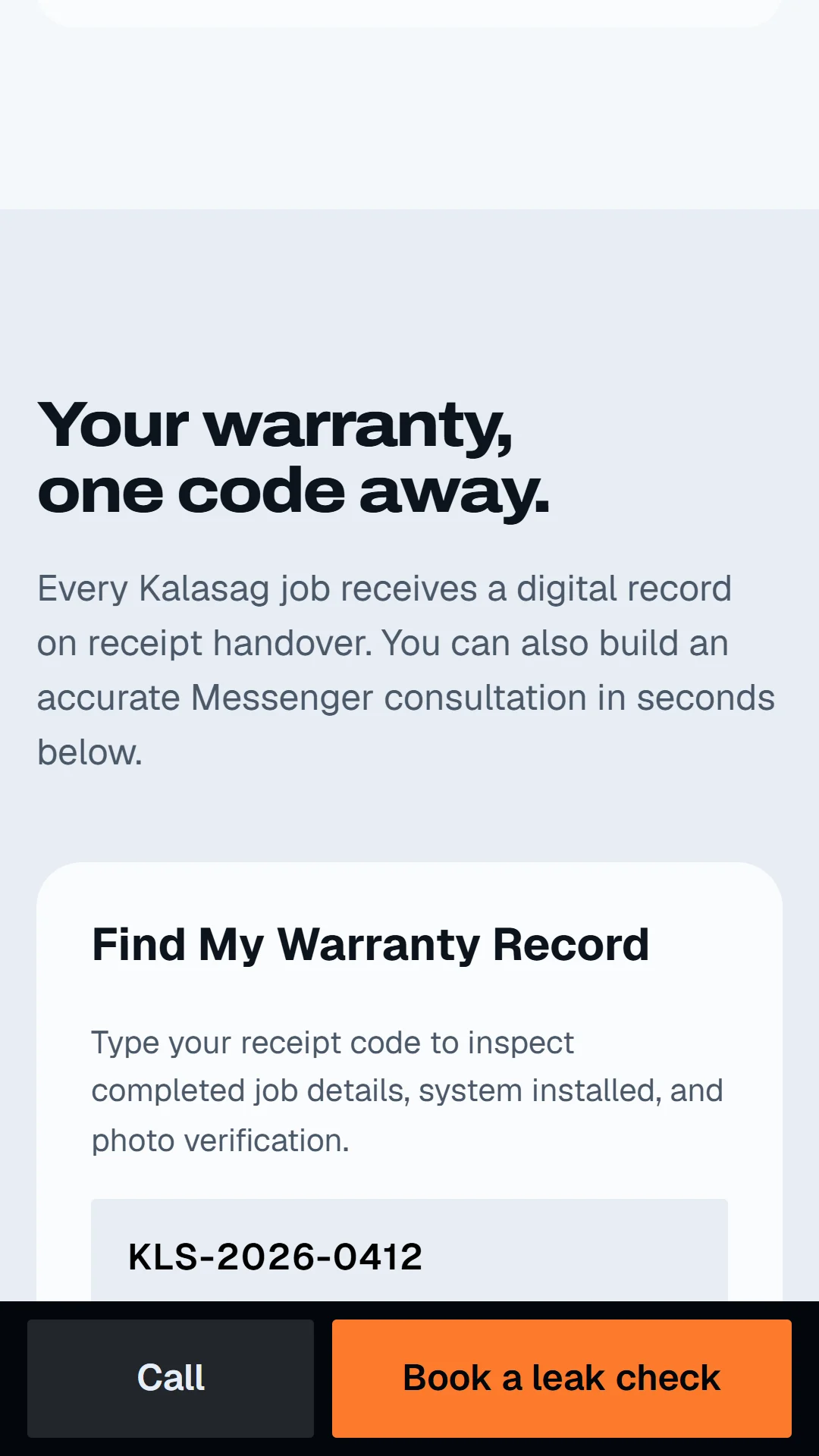 Story slide: Find my warranty, a sample job code with the warranty left and before, during and after photos.