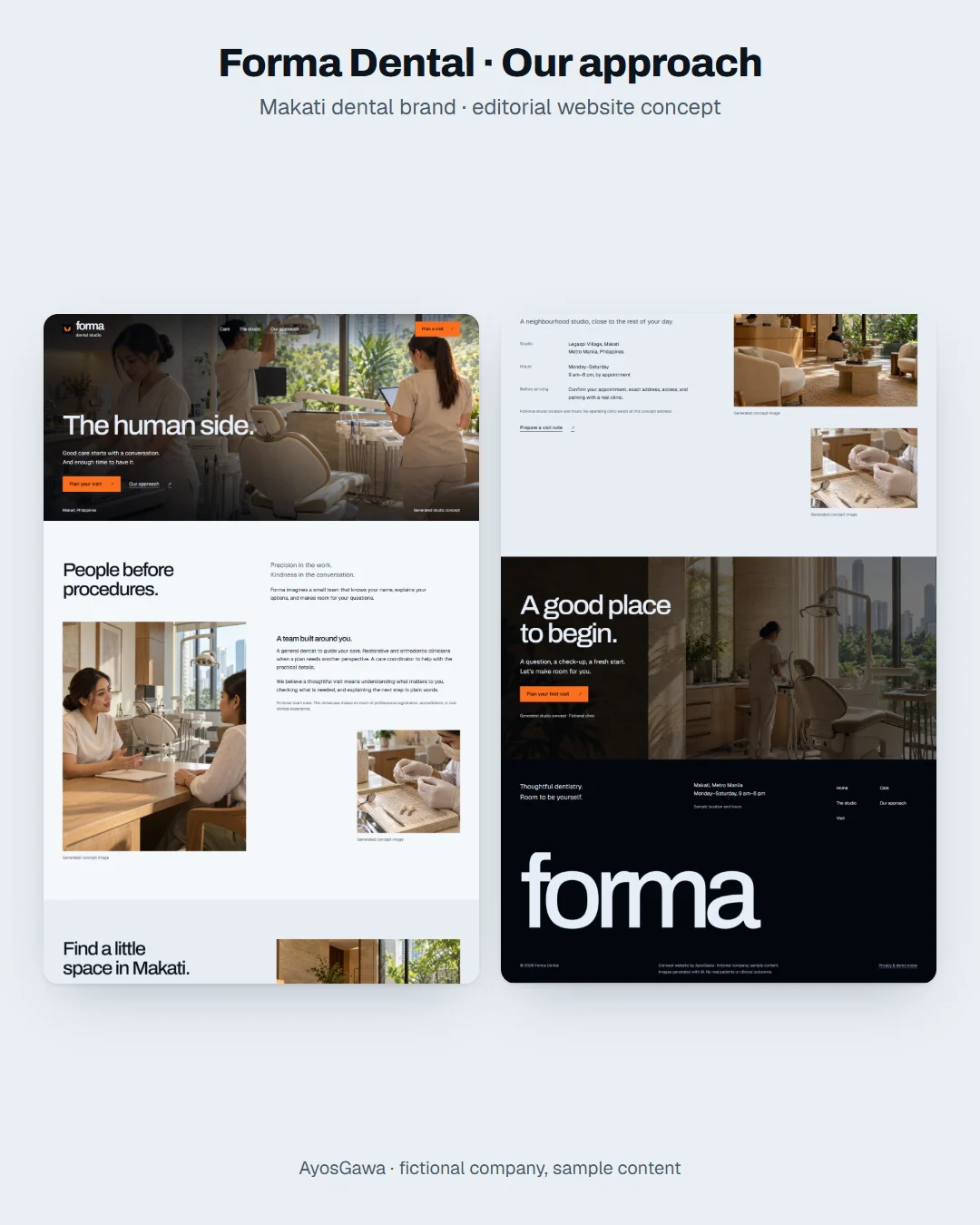 Forma Dental approach page with fictional team and first-visit information