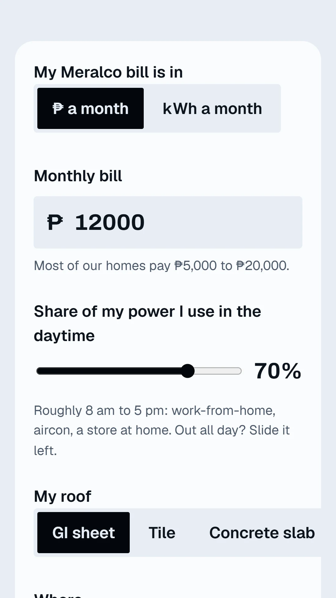 Story slide: the savings estimator, with the monthly bill, daytime use and roof type.