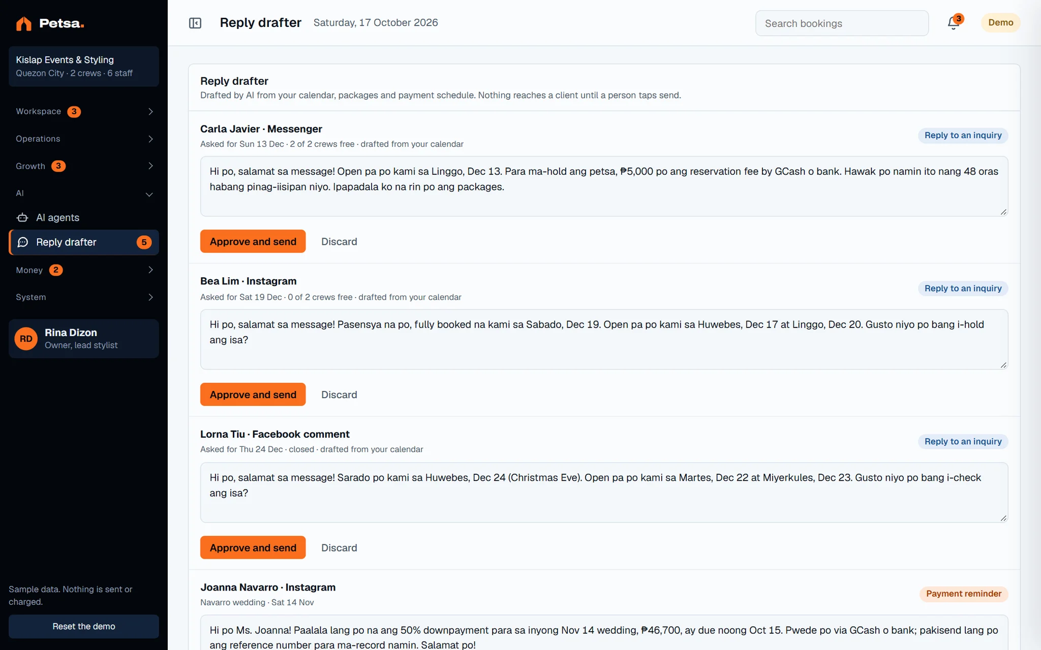 Reply drafter screen of the dashboard