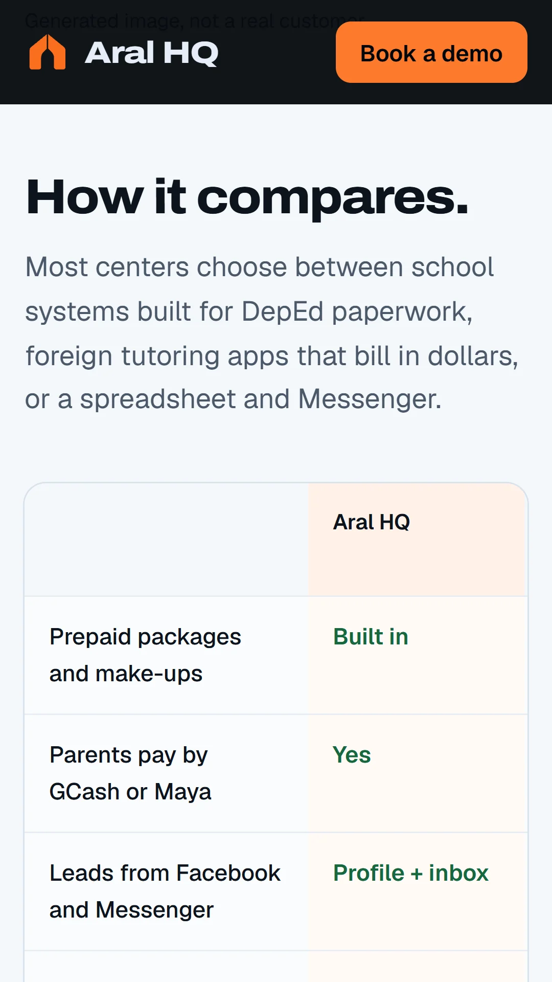 Comparison table against generic categories