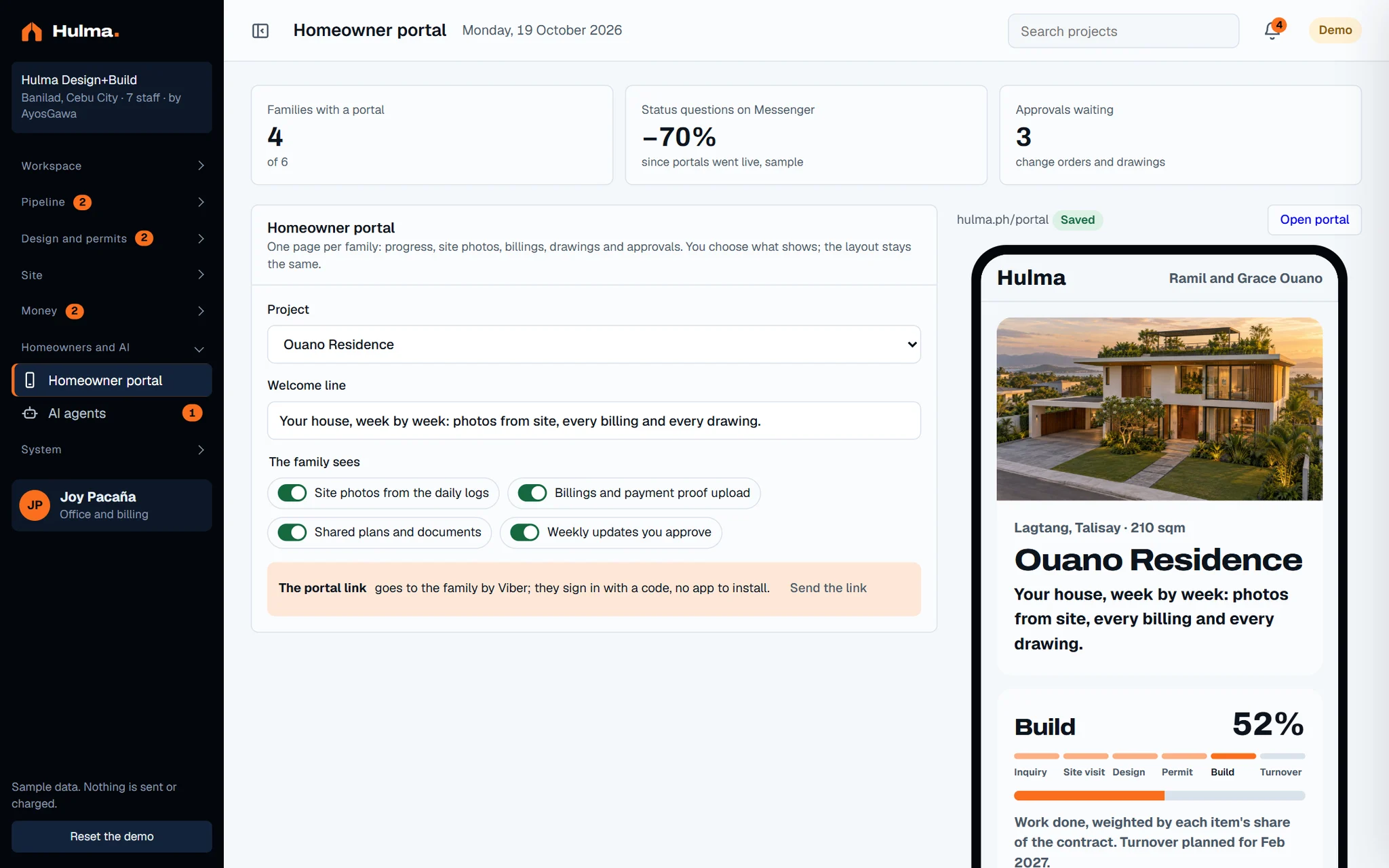 Hulma back office: the homeowner portal view.