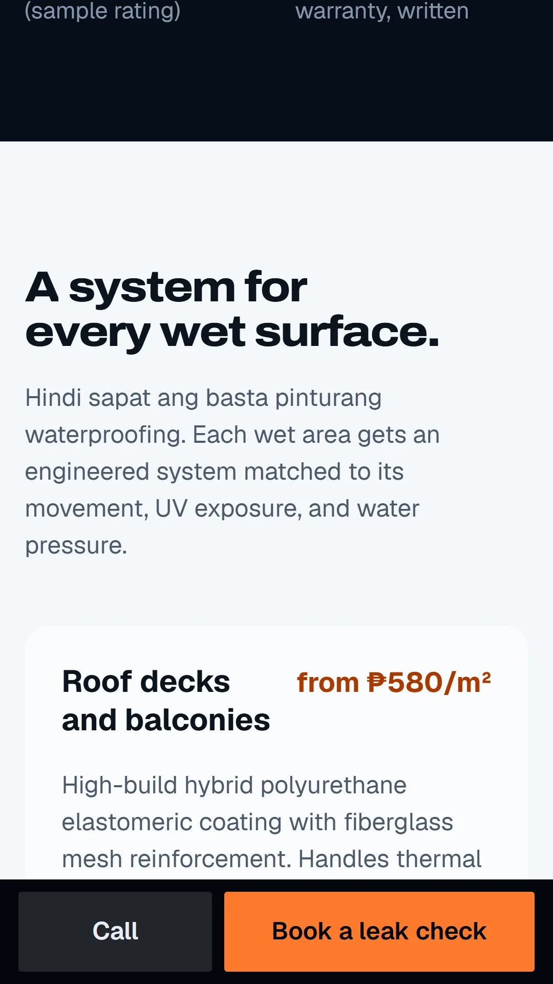Story slide: four waterproofing systems with per-m² rates: roof decks, CRs, water tanks and exterior walls.