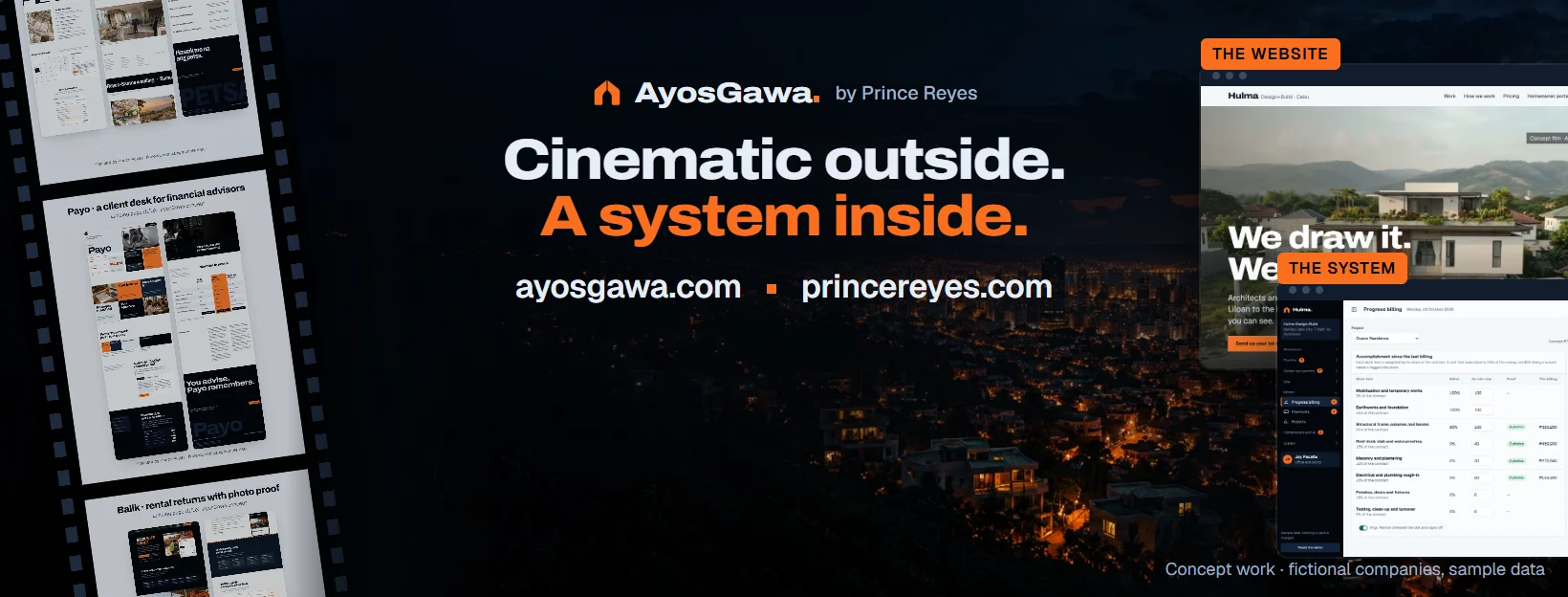 AyosGawa Facebook cover: Cinematic outside. A system inside., with a strip of prototype sites and a billing system.
