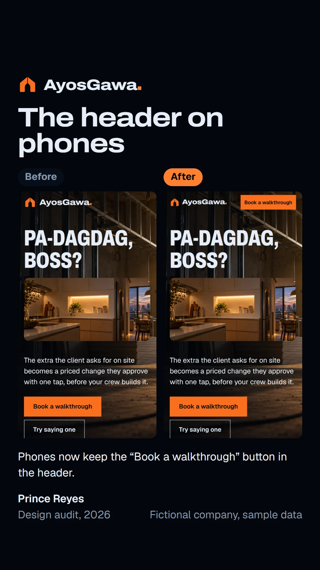 Before and after slide 1 of the Variations site audit.