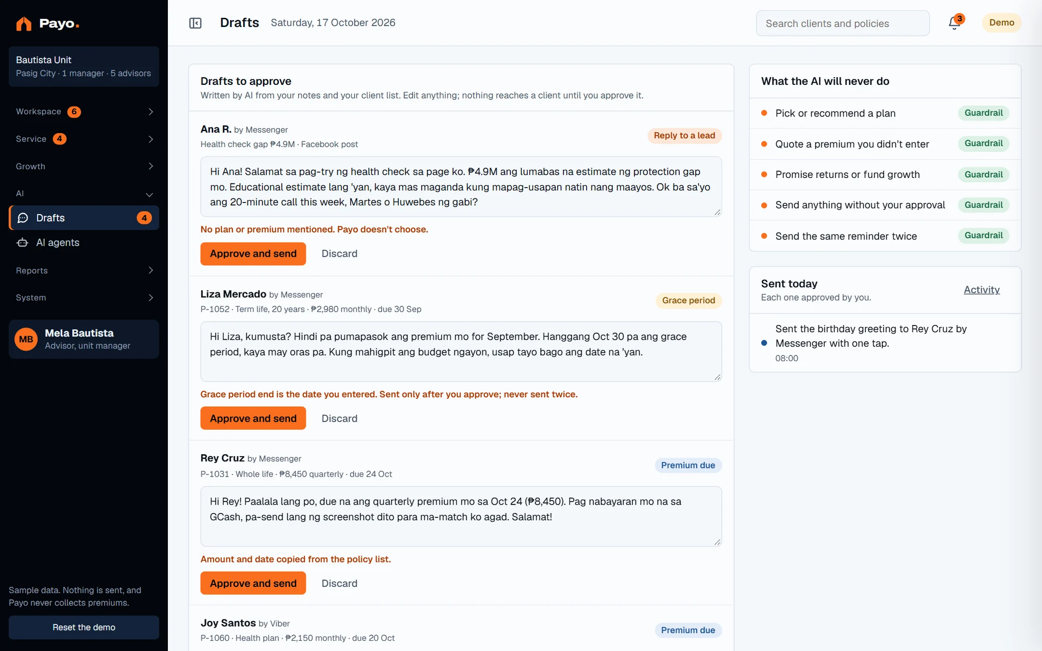 Drafts screen where the advisor approves each reminder.