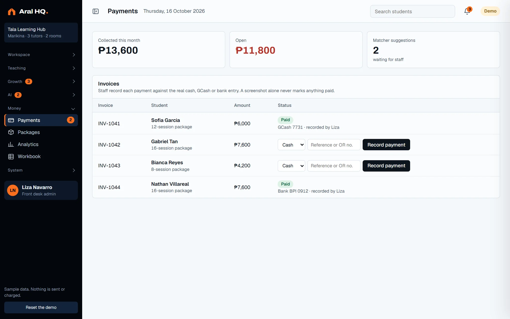 Payments screen of the dashboard