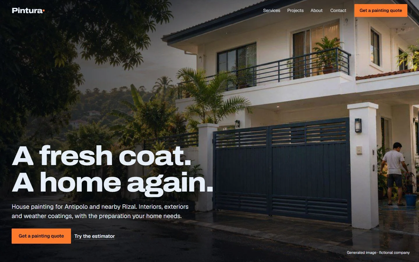 Pintura home page on desktop: "A fresh coat. A home again." over a generated photo of a freshly painted two-storey house in Antipolo after rain.