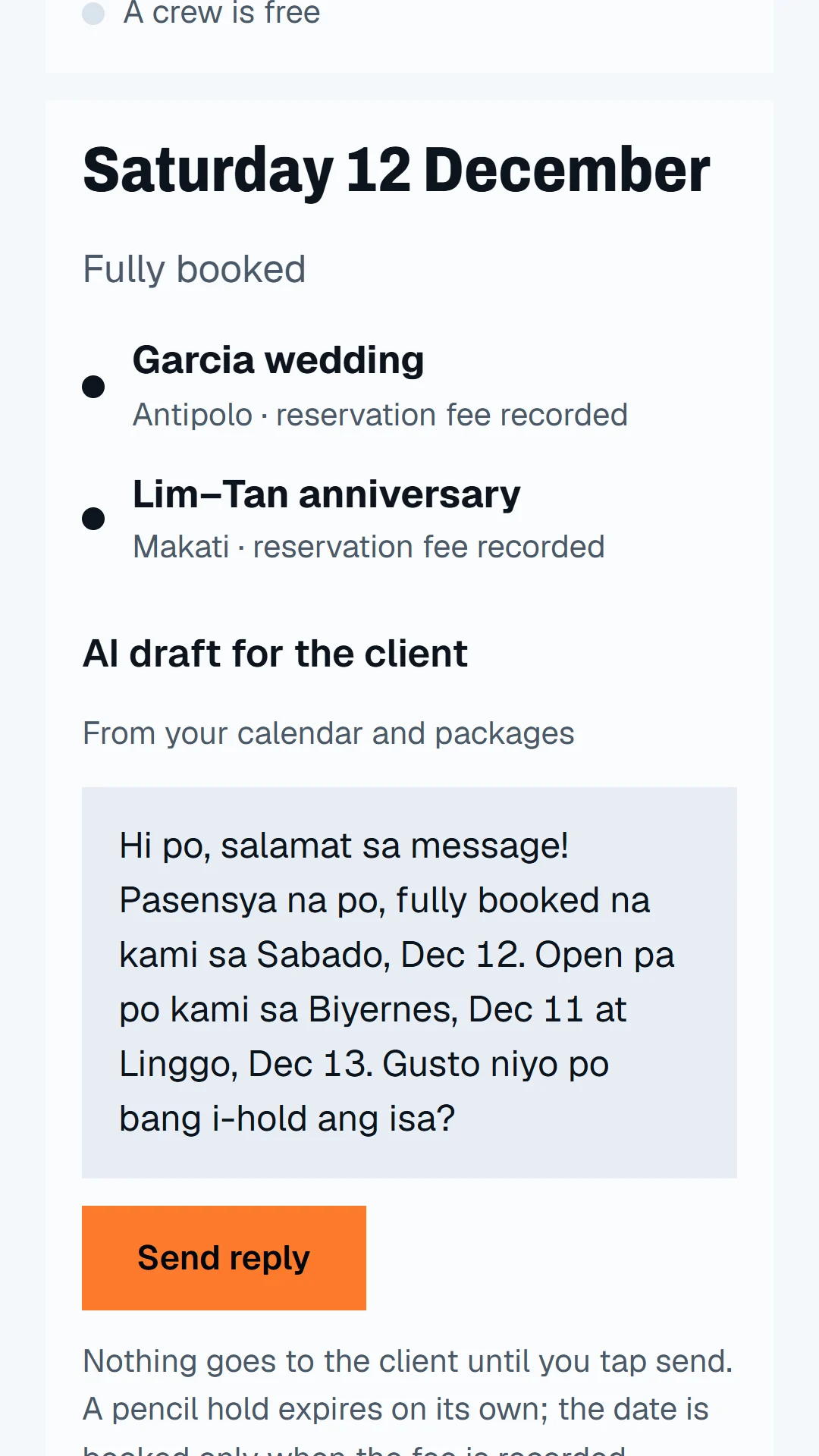 AI reply drafted from the calendar