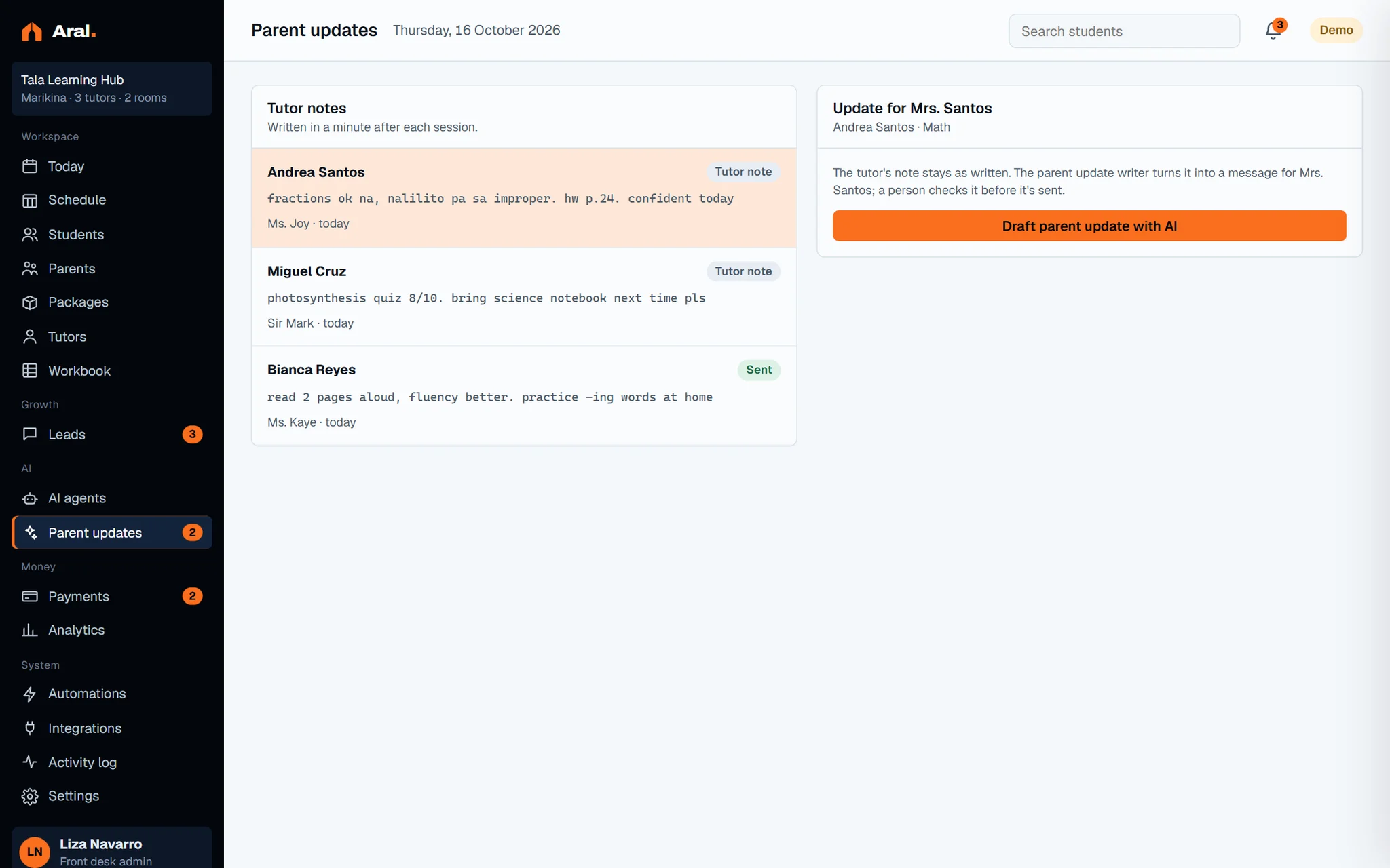 Aral demo dashboard: parent updates waiting for approval.