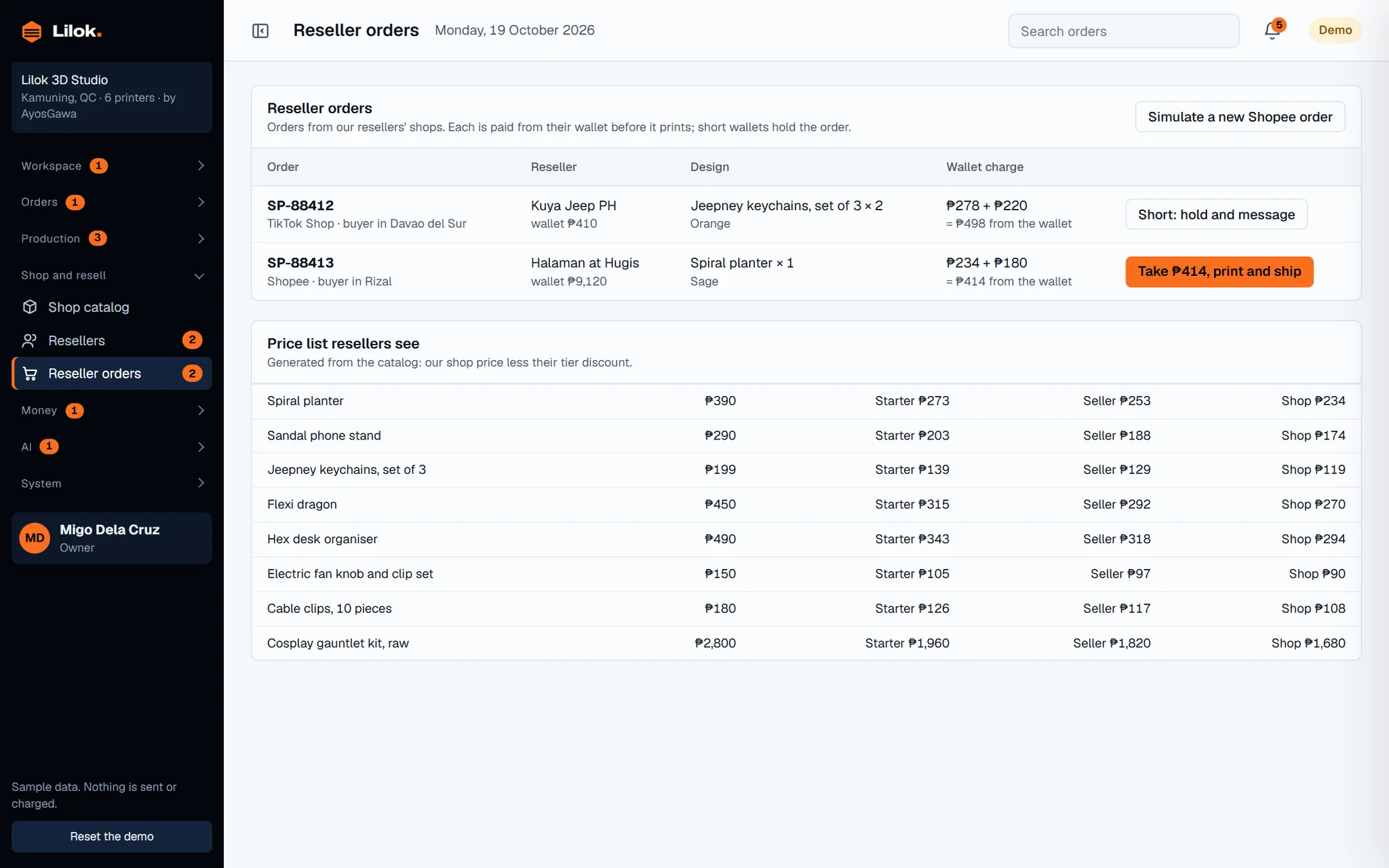 Lilok back office: reseller orders and wallets.