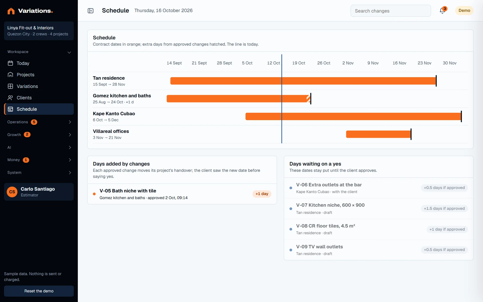 The schedule screen of the fit-out demo desk.