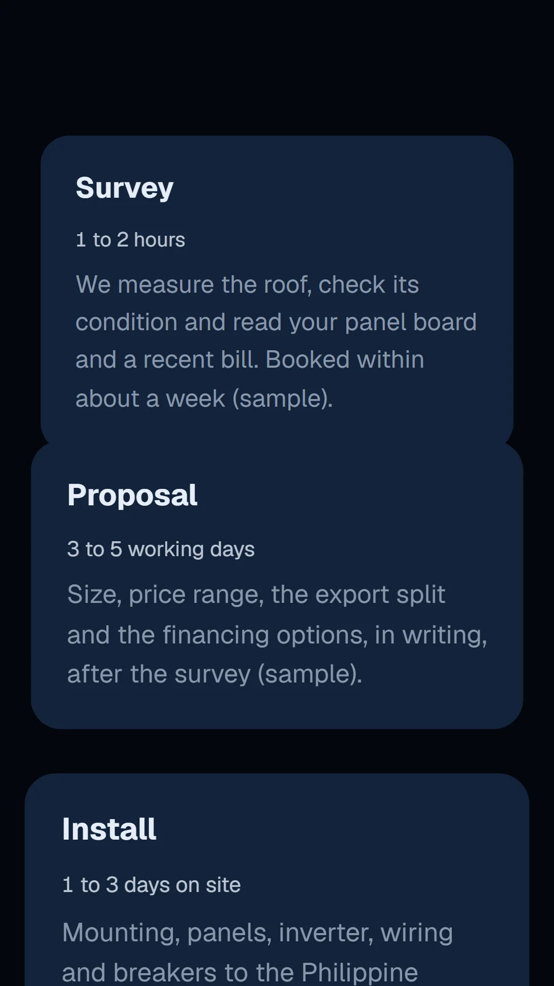 Story slide: the steps from survey to two-way meter, with the waits.