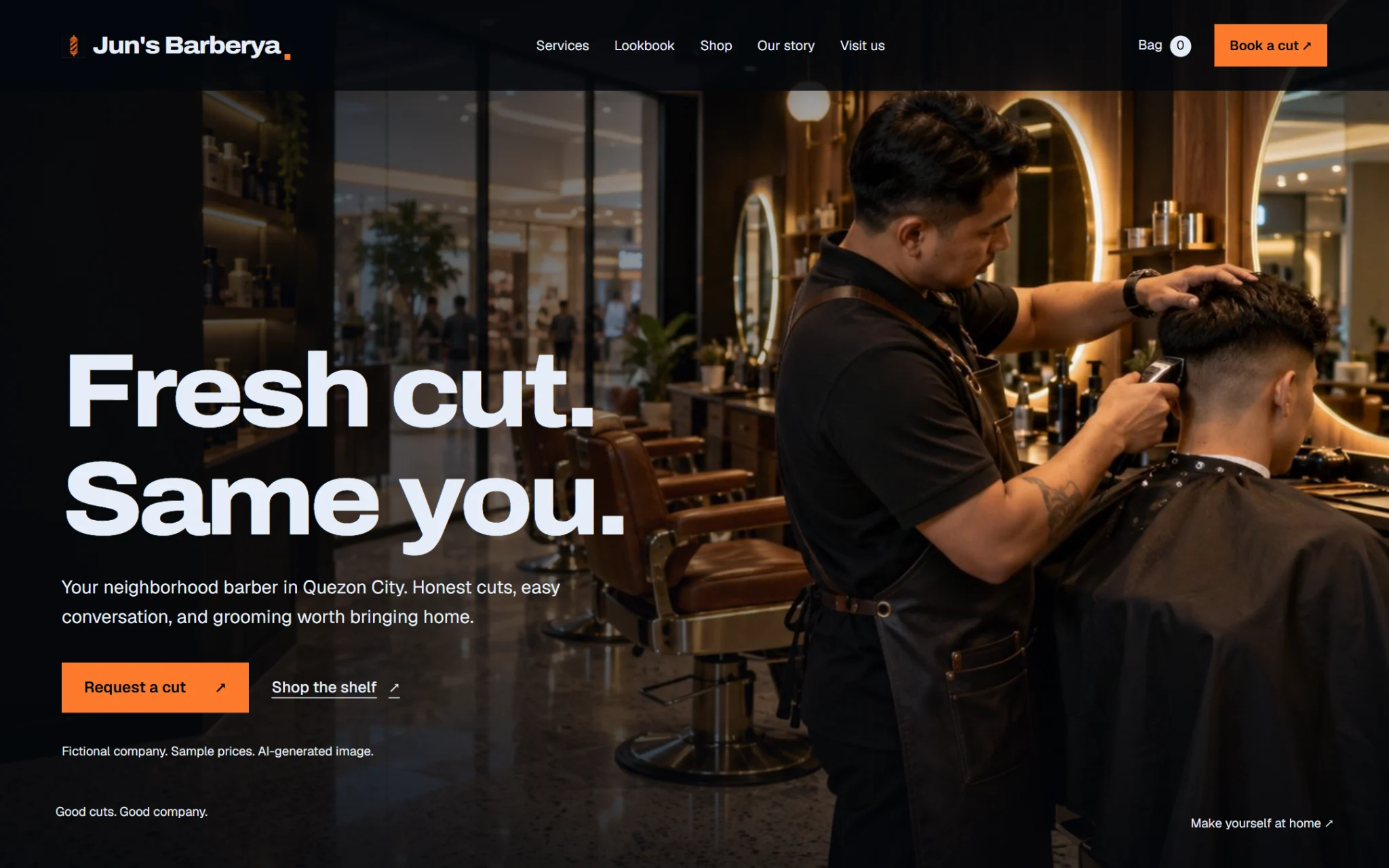 Jun's Barberya home page on desktop, a fictional Quezon City barbershop concept in a premium mall branch