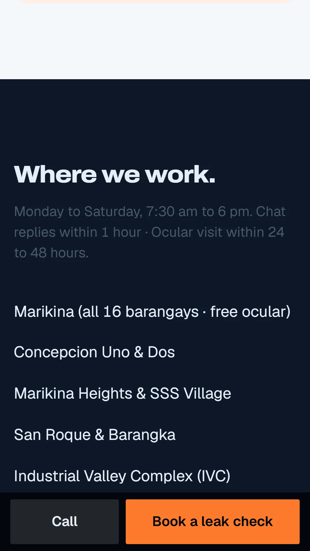 Story slide: the Marikina and east Metro areas served, and the final call to book.