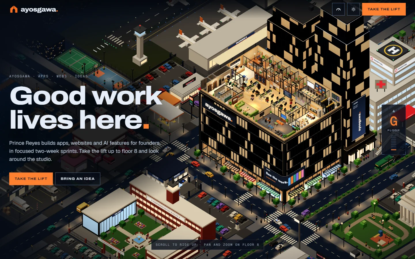 The ayosgawa.com home page: an isometric voxel city with the AyosGawa tower and floor 8 lit up, under the headline Good work lives here.