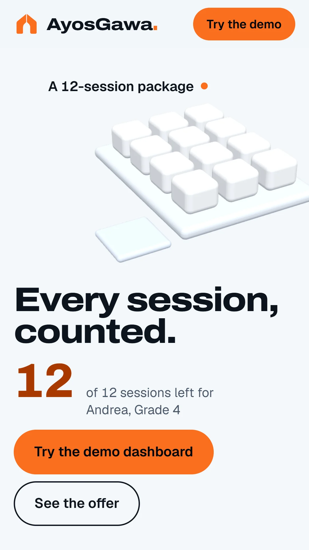 The 3D hero with a tray of 12 session blocks.